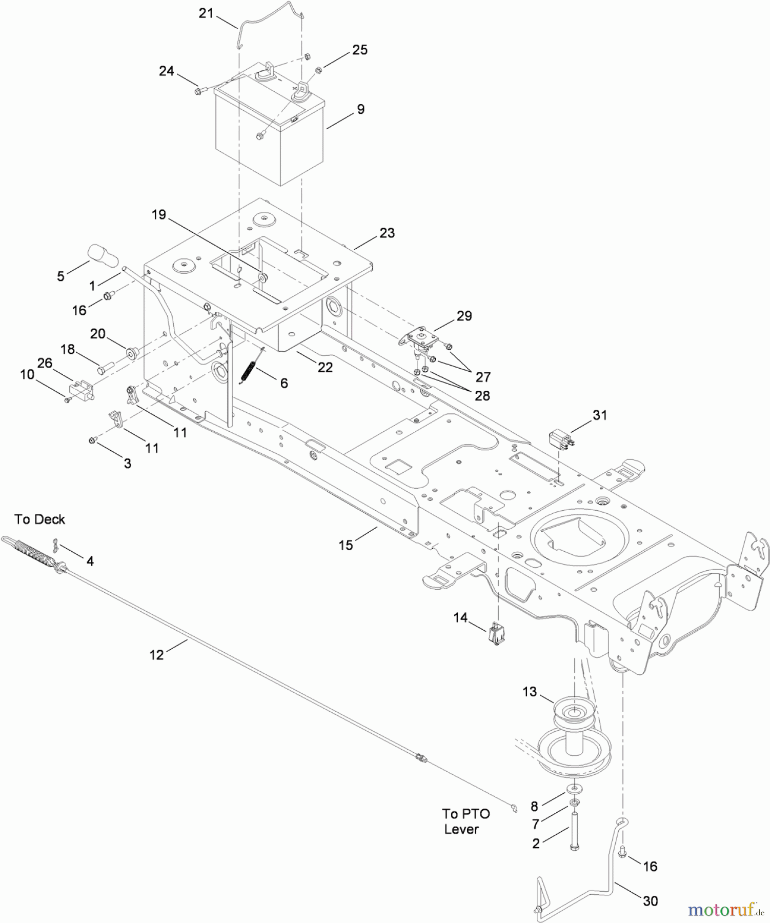  Toro Neu Mowers, Lawn & Garden Tractor Seite 1 13AX90RS848 (LX423) - Toro LX423 Lawn Tractor, 2012 (SN 1-1) FRAME, BATTERY AND PTO ASSEMBLY