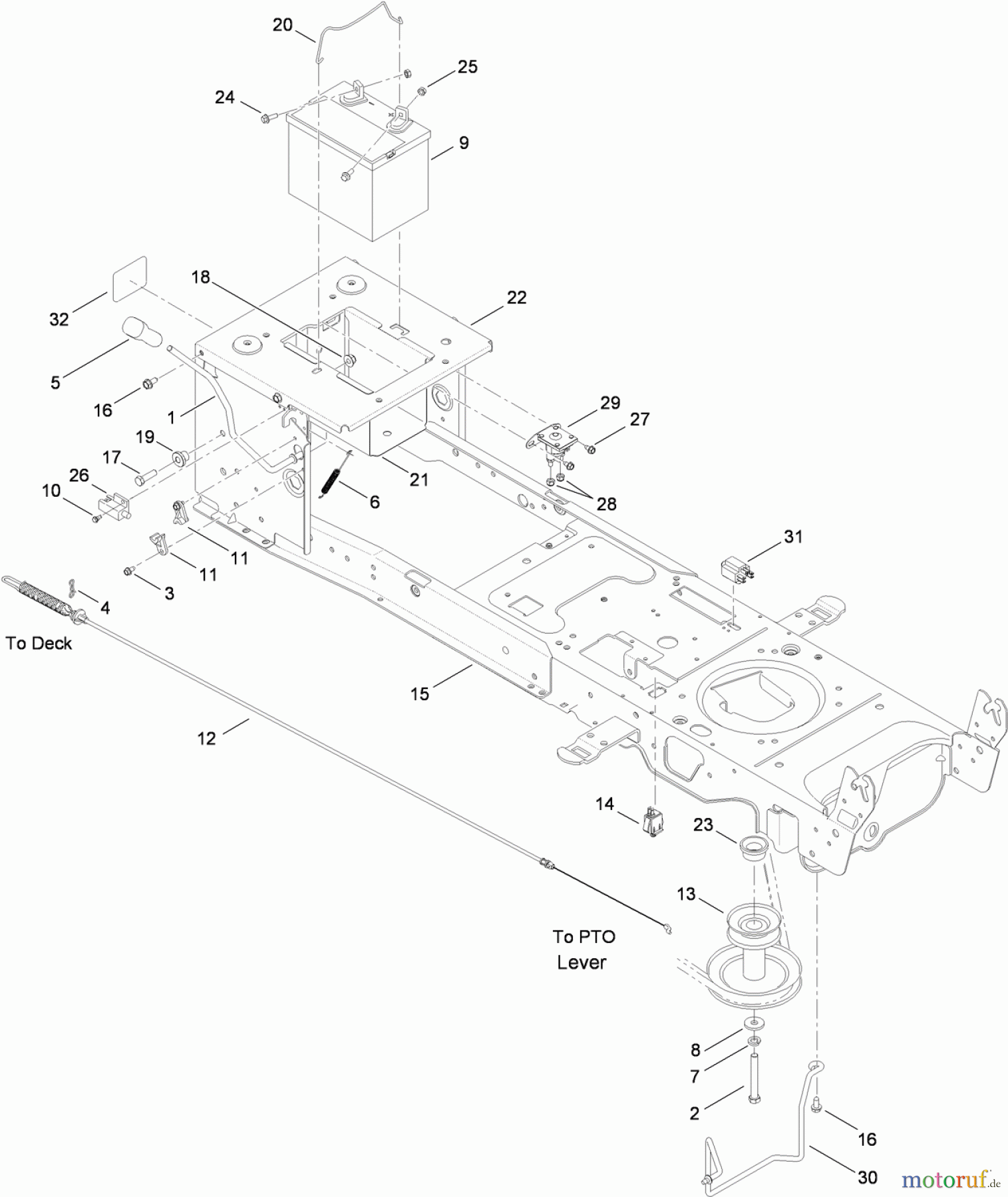Toro Neu Mowers, Lawn & Garden Tractor Seite 1 13AX91RS848 (LX427) - Toro LX427 Lawn Tractor, 2010 (1-1) FRAME, BATTERY AND PTO ASSEMBLY
