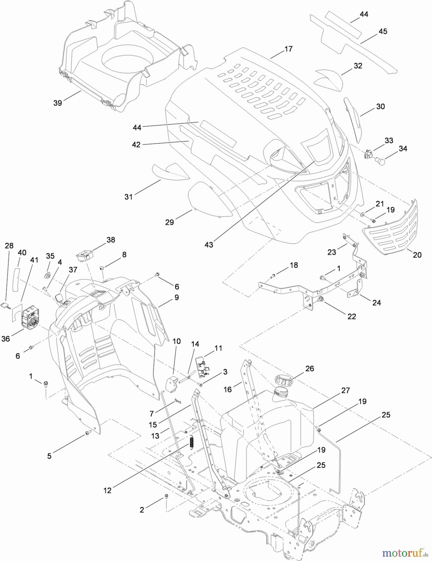 Toro Neu Mowers, Lawn & Garden Tractor Seite 1 13AX91RS848 (LX427) - Toro LX427 Lawn Tractor, 2010 (1-1) FUEL TANK, HOOD AND DASH ASSEMBLY