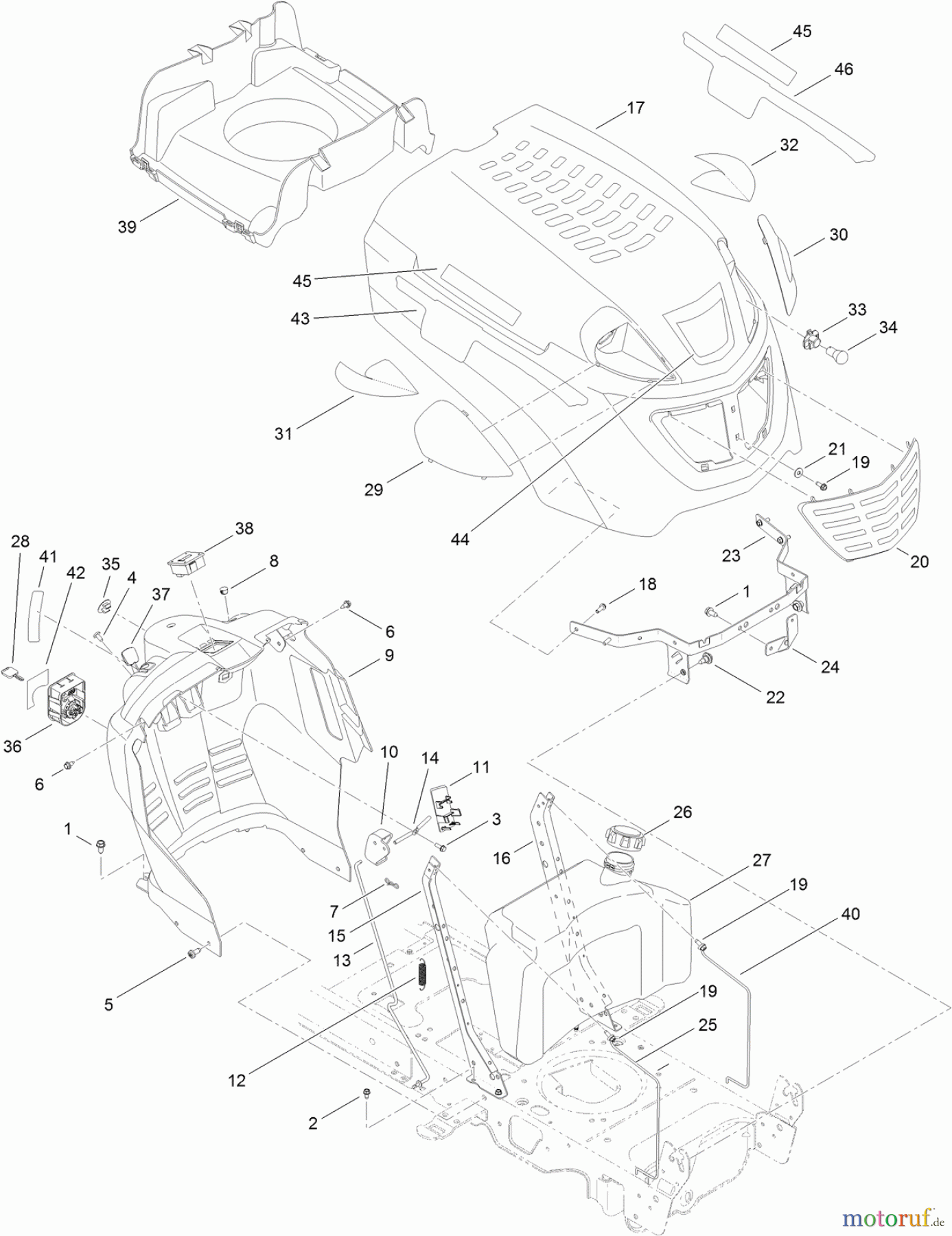 Toro Neu Mowers, Lawn & Garden Tractor Seite 1 13AX91RS848 (LX427) - Toro LX427 Lawn Tractor, 2011 (1-1) FUEL TANK, HOOD AND DASH ASSEMBLY