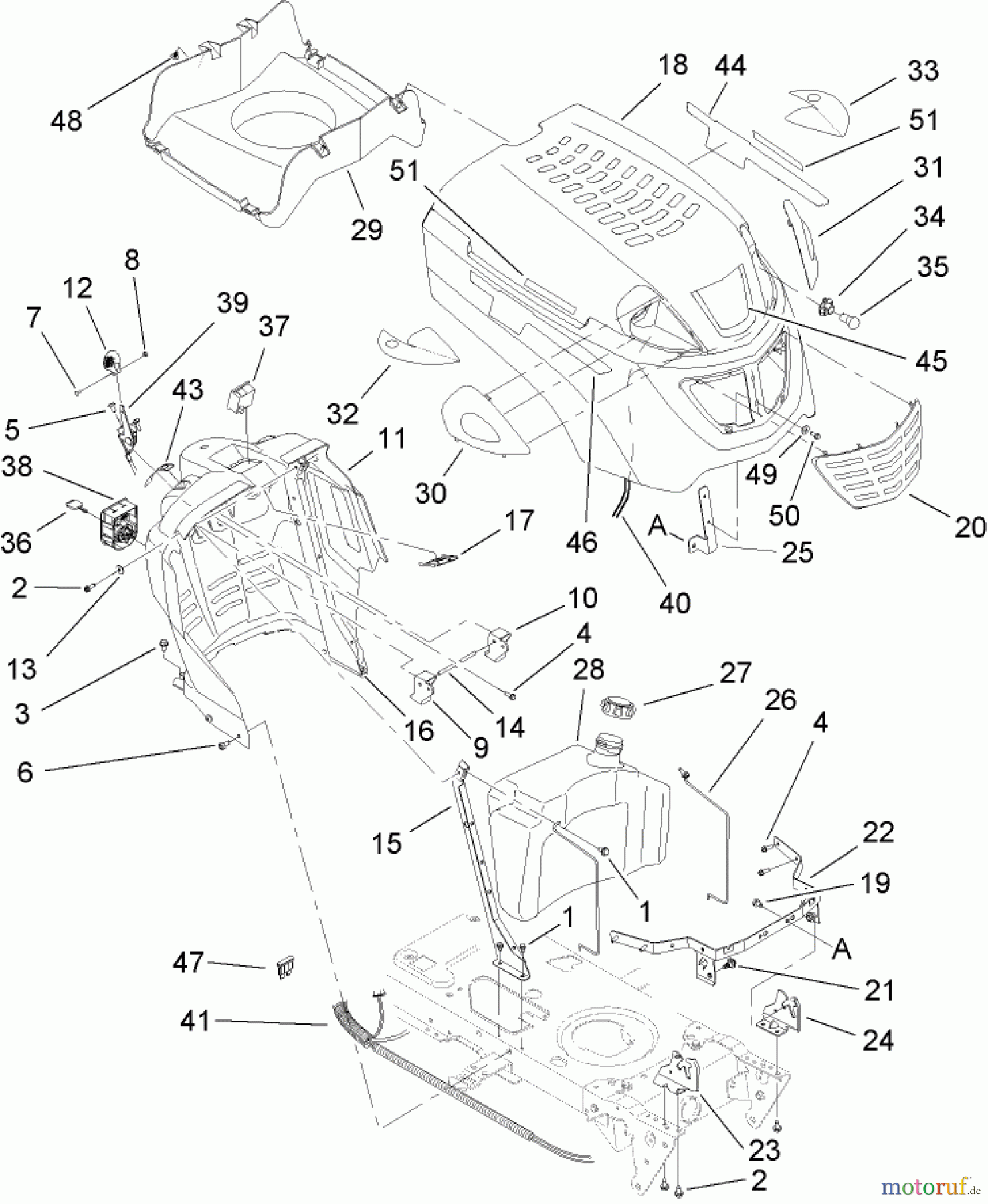 Toro Neu Mowers, Lawn & Garden Tractor Seite 1 13BX60RG544 (LX425) - Toro LX425 Lawn Tractor, 2007 (1A087H10172-1E237H10144) FUEL TANK AND HOOD ASSEMBLY