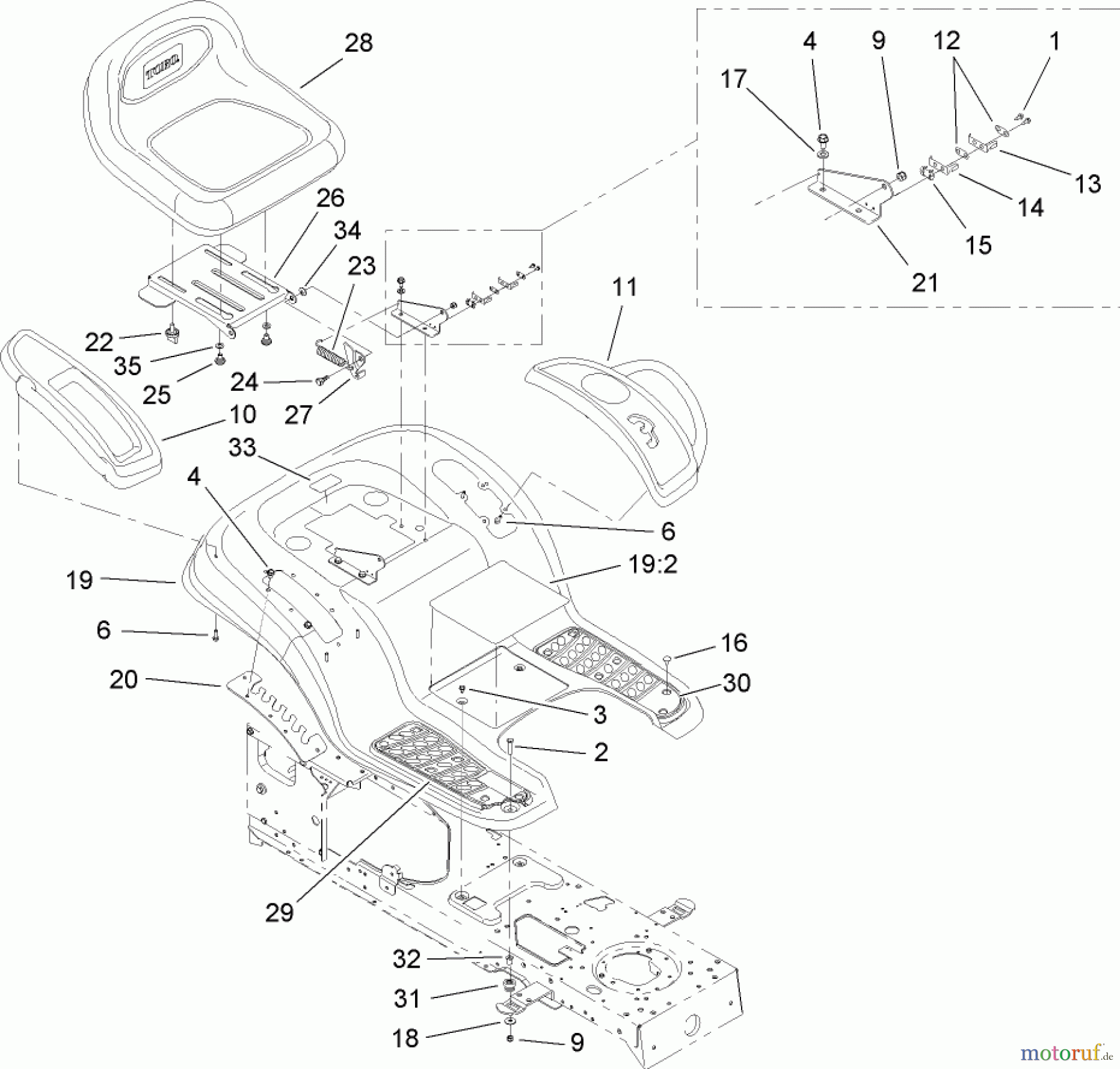  Toro Neu Mowers, Lawn & Garden Tractor Seite 1 13BX60RG544 (LX425) - Toro LX425 Lawn Tractor, 2007 (1A087H10172-1E237H10144) SEAT AND FRAME ASSEMBLY