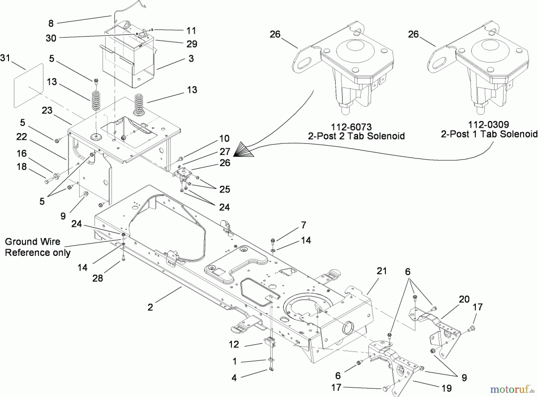 Toro Neu Mowers, Lawn & Garden Tractor Seite 1 13BX60RG744 (LX425) - Toro LX425 Lawn Tractor, 2007 (1A087H10172-1C307H10417) FRAME AND BATTERY ASSEMBLY