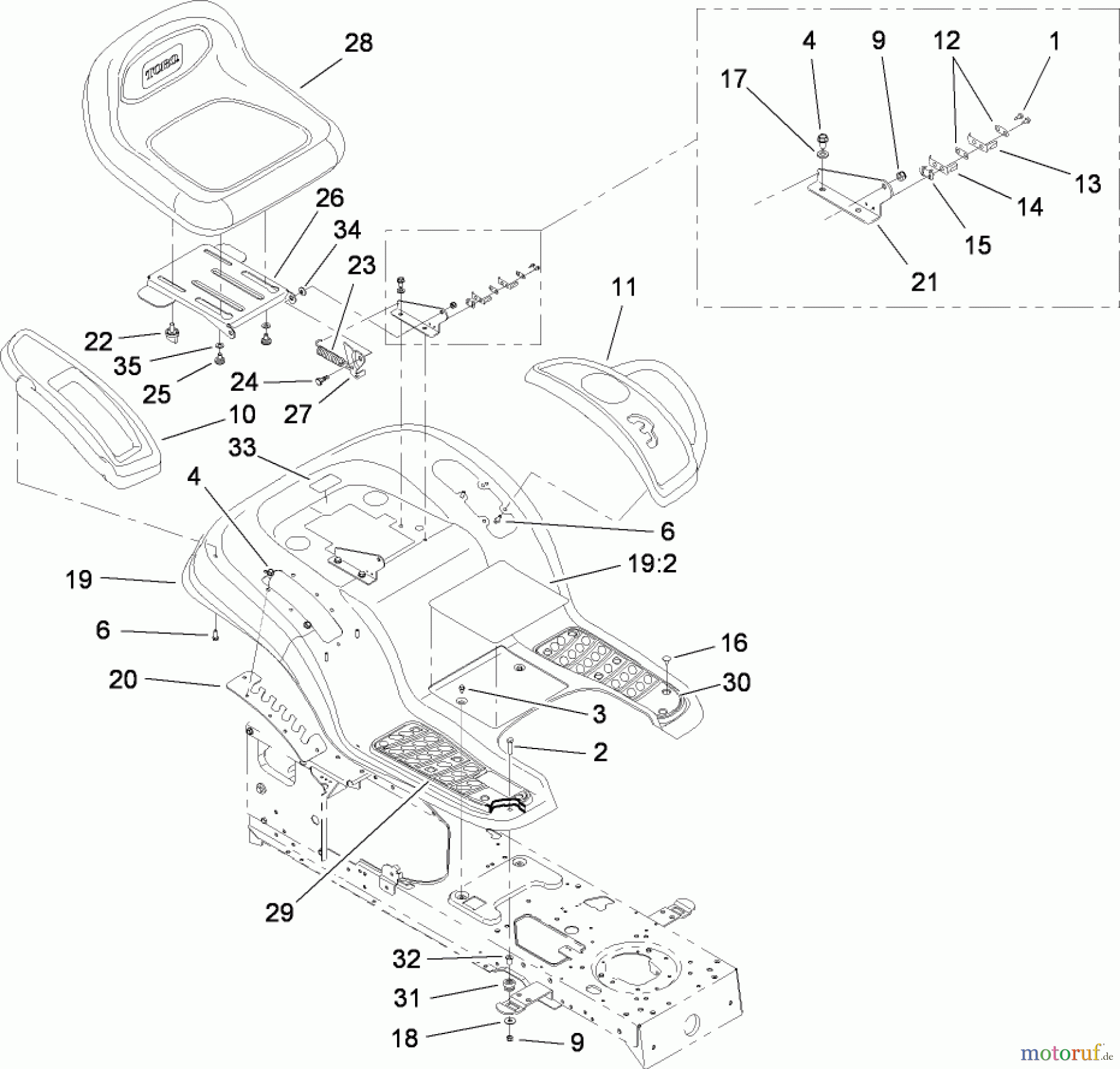  Toro Neu Mowers, Lawn & Garden Tractor Seite 1 13BX60RG744 (LX425) - Toro LX425 Lawn Tractor, 2007 (1A087H10172-1C307H10417) SEAT AND FENDER ASSEMBLY