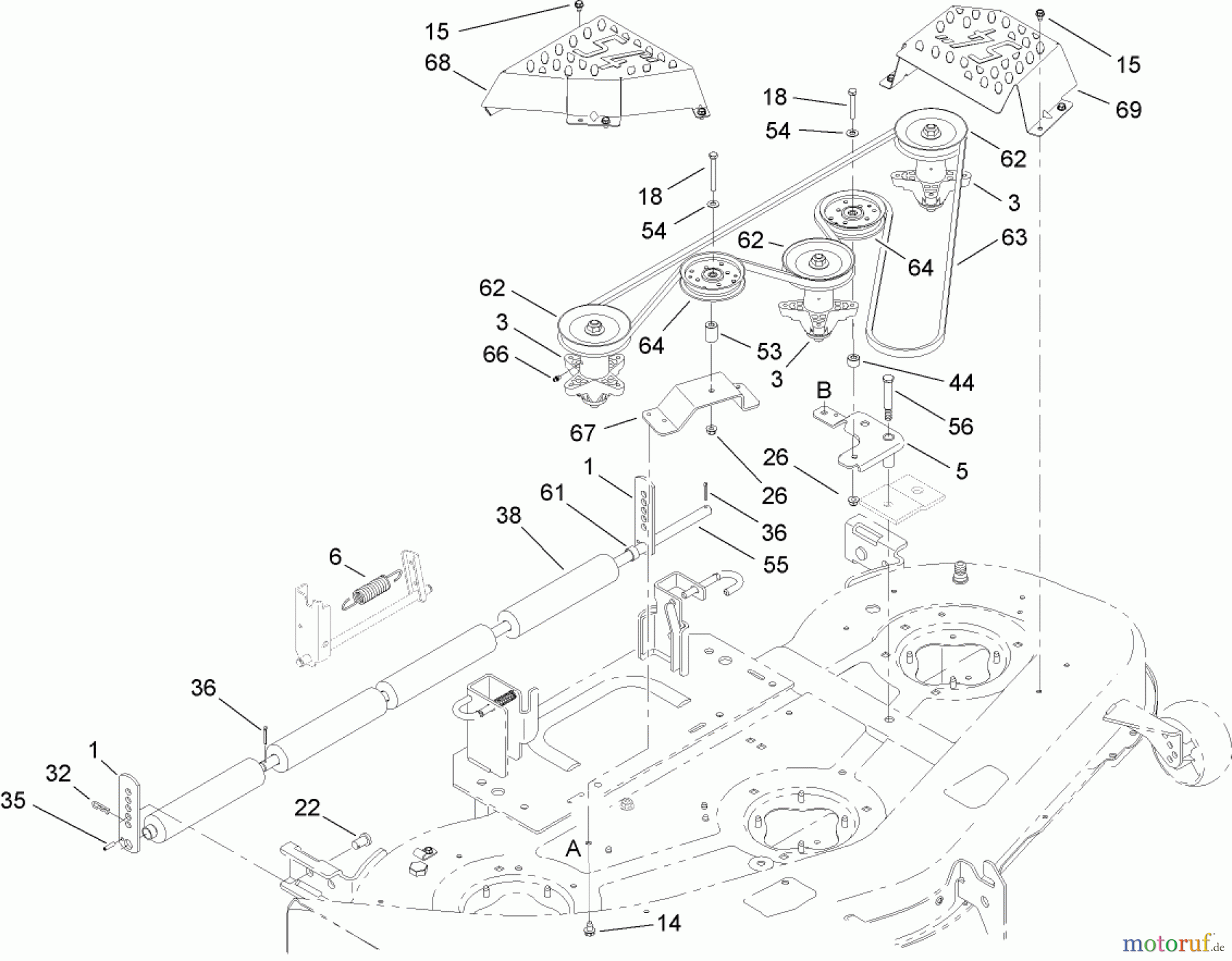  Toro Neu Mowers, Lawn & Garden Tractor Seite 1 14AK81RK744 (GT2300) - Toro GT2300 Garden Tractor, 2006 (1A186H30000-) DECK ROLLER, BELT, COVER AND PULLEY ASSEMBLY
