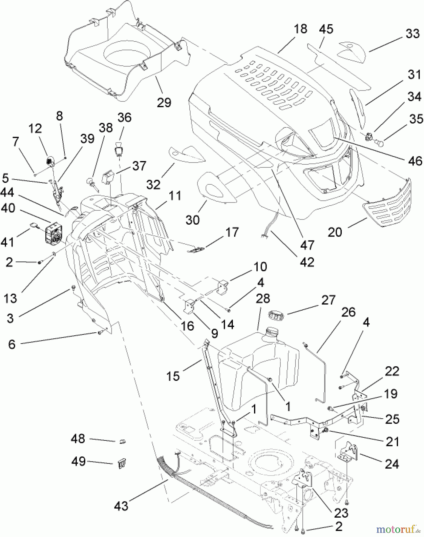 Toro Neu Mowers, Lawn & Garden Tractor Seite 1 14AK81RK744 (GT2300) - Toro GT2300 Garden Tractor, 2006 (1A186H30000-) FUEL TANK AND HOOD ASSEMBLY