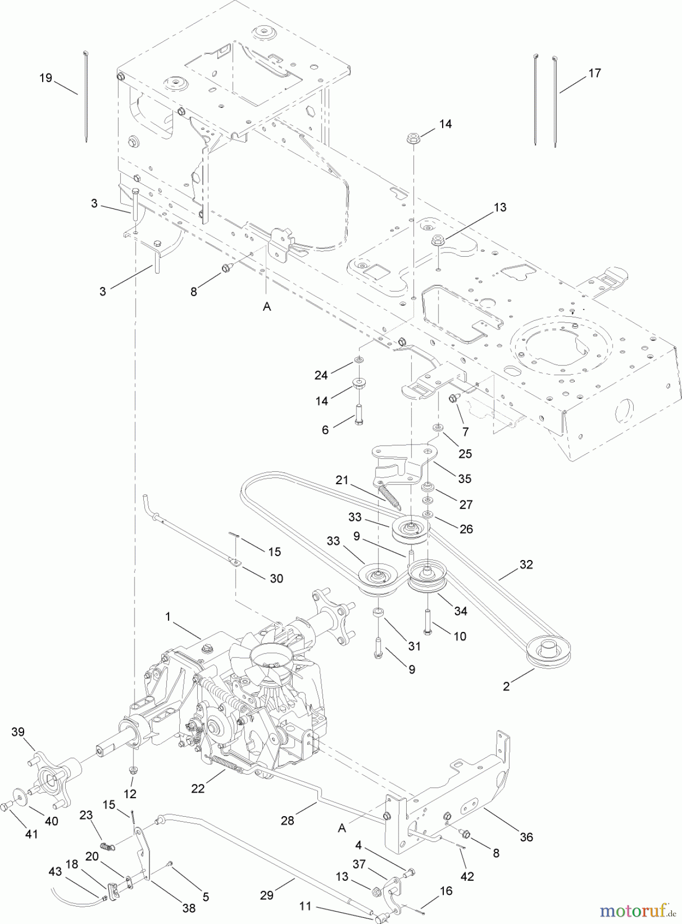  Toro Neu Mowers, Lawn & Garden Tractor Seite 1 14AK81RK744 (GT2300) - Toro GT2300 Garden Tractor, 2006 (1A186H30000-) TRANSMISSION, BELT AND PULLEY ASSEMBLY