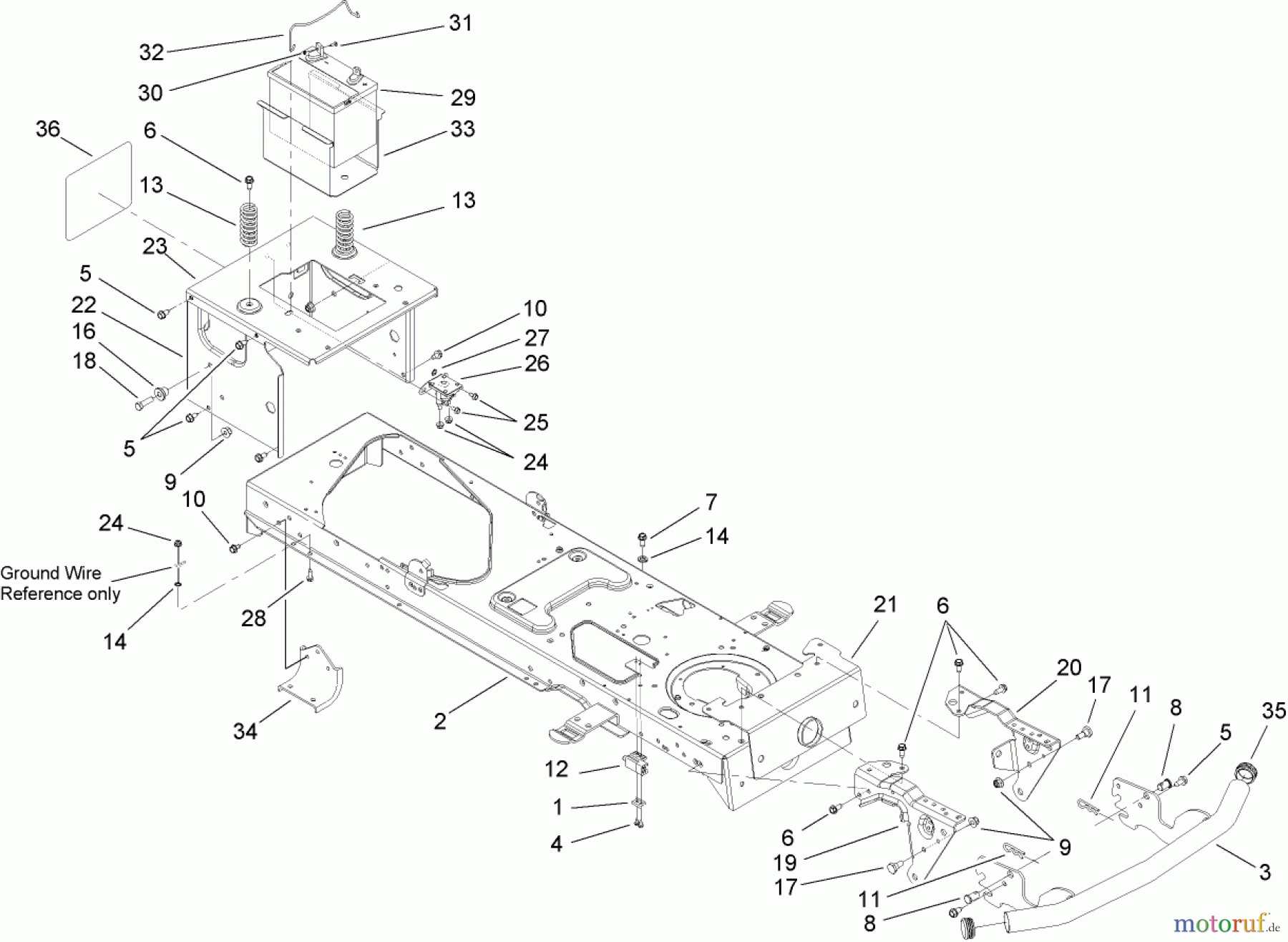  Toro Neu Mowers, Lawn & Garden Tractor Seite 1 14AP80RP544 (GT2100) - Toro GT2100 Garden Tractor, 2006 (1A136H30000-) FRAME AND BATTERY ASSEMBLY