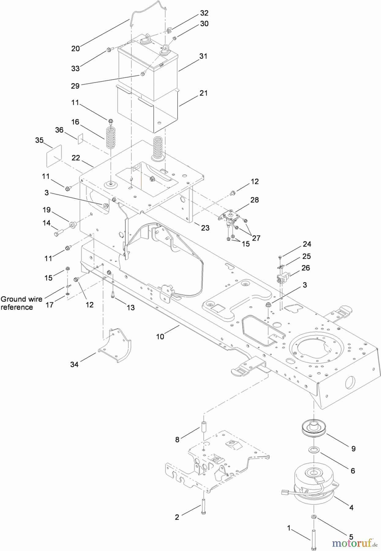 Toro Neu Mowers, Lawn & Garden Tractor Seite 1 14AQ81RP048 (GT2200) - Toro GT2200 Garden Tractor, 2008 (SN 1-) FRAME, BATTERY AND ELECTRIC PTO ASSEMBLY