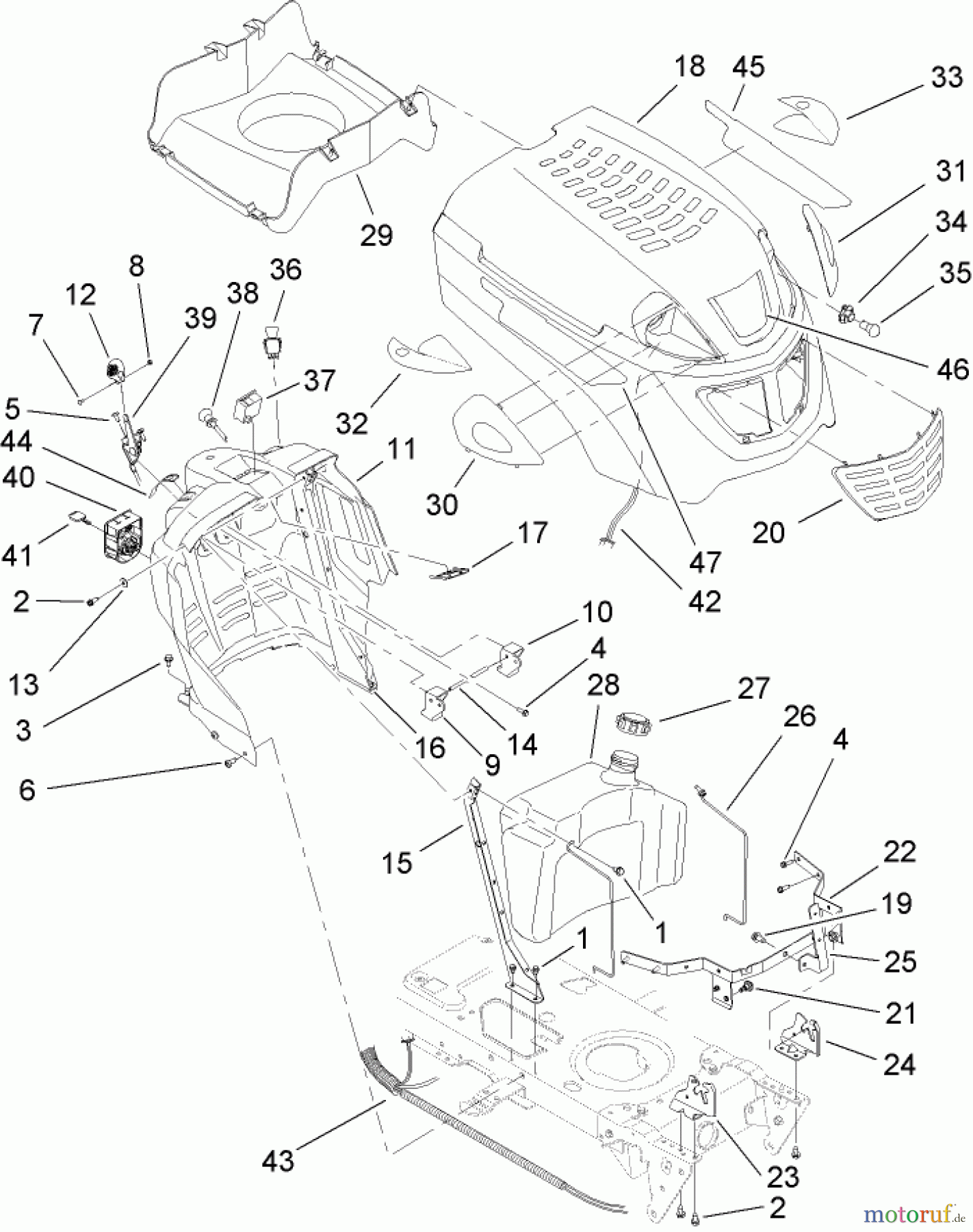 Toro Neu Mowers, Lawn & Garden Tractor Seite 1 14AQ81RP544 (GT2200) - Toro GT2200 Garden Tractor, 2006 (1A136H30000-) FUEL TANK AND HOOD ASSEMBLY