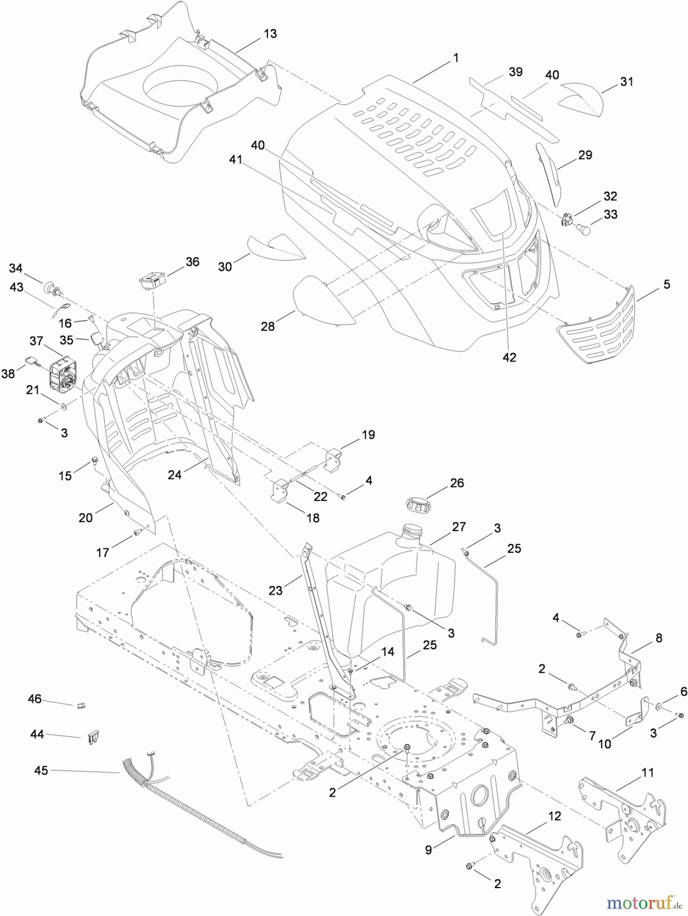 Toro Neu Mowers, Lawn & Garden Tractor Seite 1 14AQ81RP544 (GT2200) - Toro GT2200 Garden Tractor, 2008 (SN 1-) FUEL TANK, HOOD AND DASH ASSEMBLY