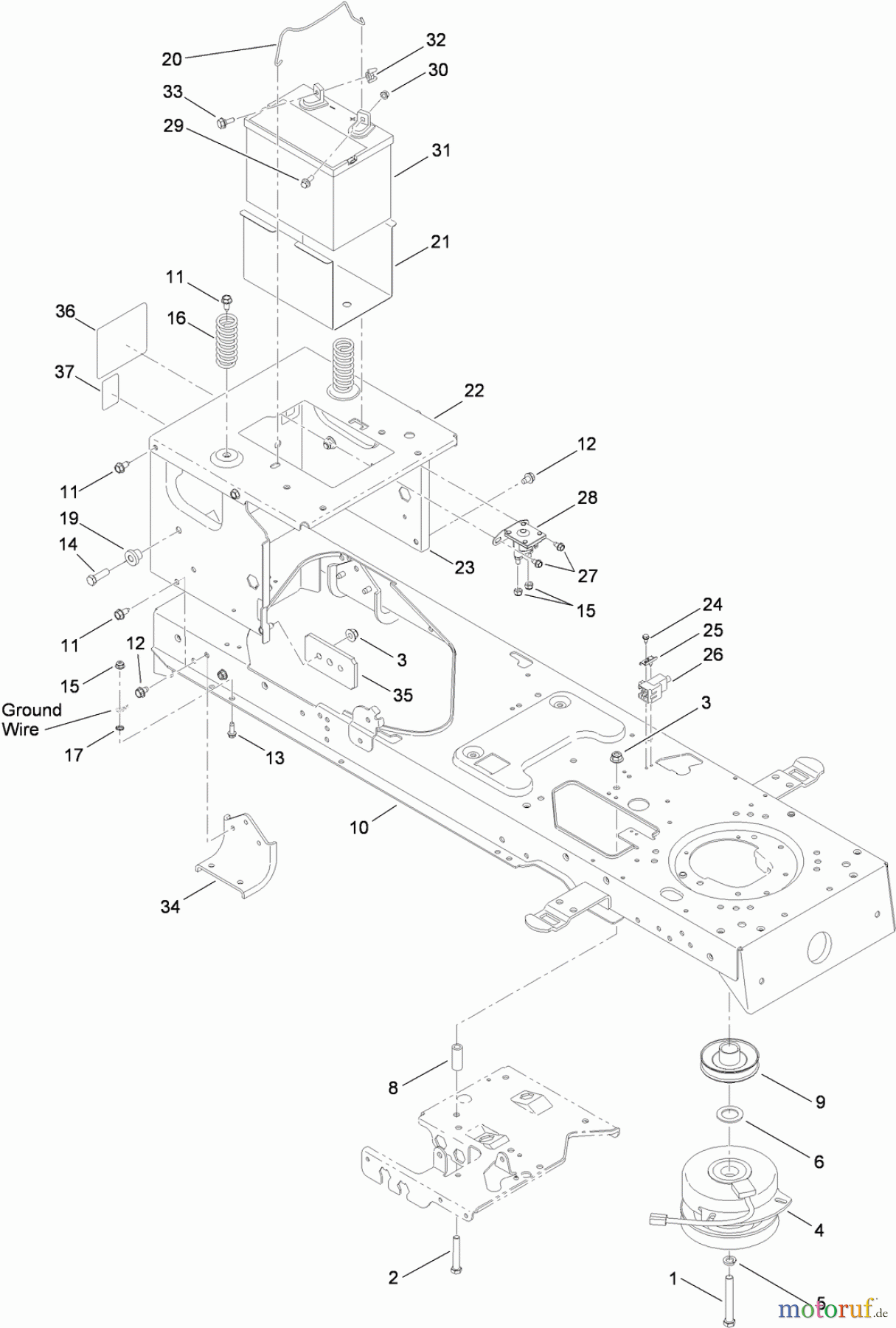 Toro Neu Mowers, Lawn & Garden Tractor Seite 1 14AQ81RP848 (GT2200) - Toro GT2200 Garden Tractor, 2009 (1-1) FRAME, BATTERY AND ELECTRIC PTO ASSEMBLY