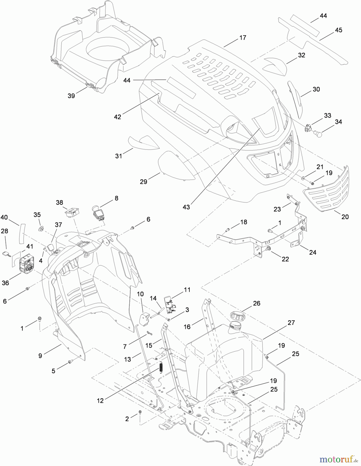 Toro Neu Mowers, Lawn & Garden Tractor Seite 1 14AQ94RP848 (GT2200) - Toro GT2200 Garden Tractor, 2010 (1-1) FUEL TANK, HOOD AND DASH ASSEMBLY