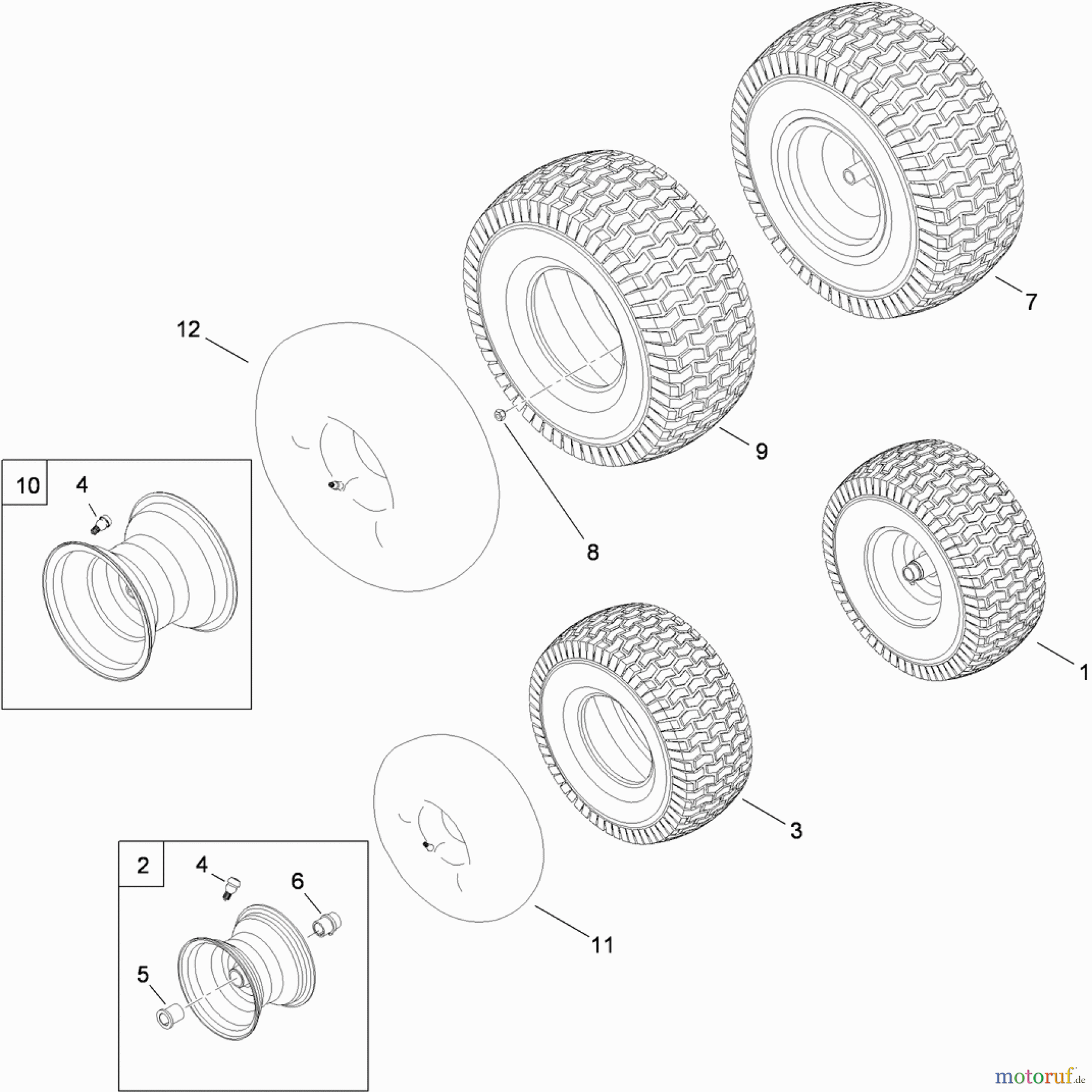 Toro Neu Mowers, Lawn & Garden Tractor Seite 1 14AQ94RP848 (GT2200) - Toro GT2200 Garden Tractor, 2011 (1-1) FRONT AND REAR WHEEL ASSEMBLY