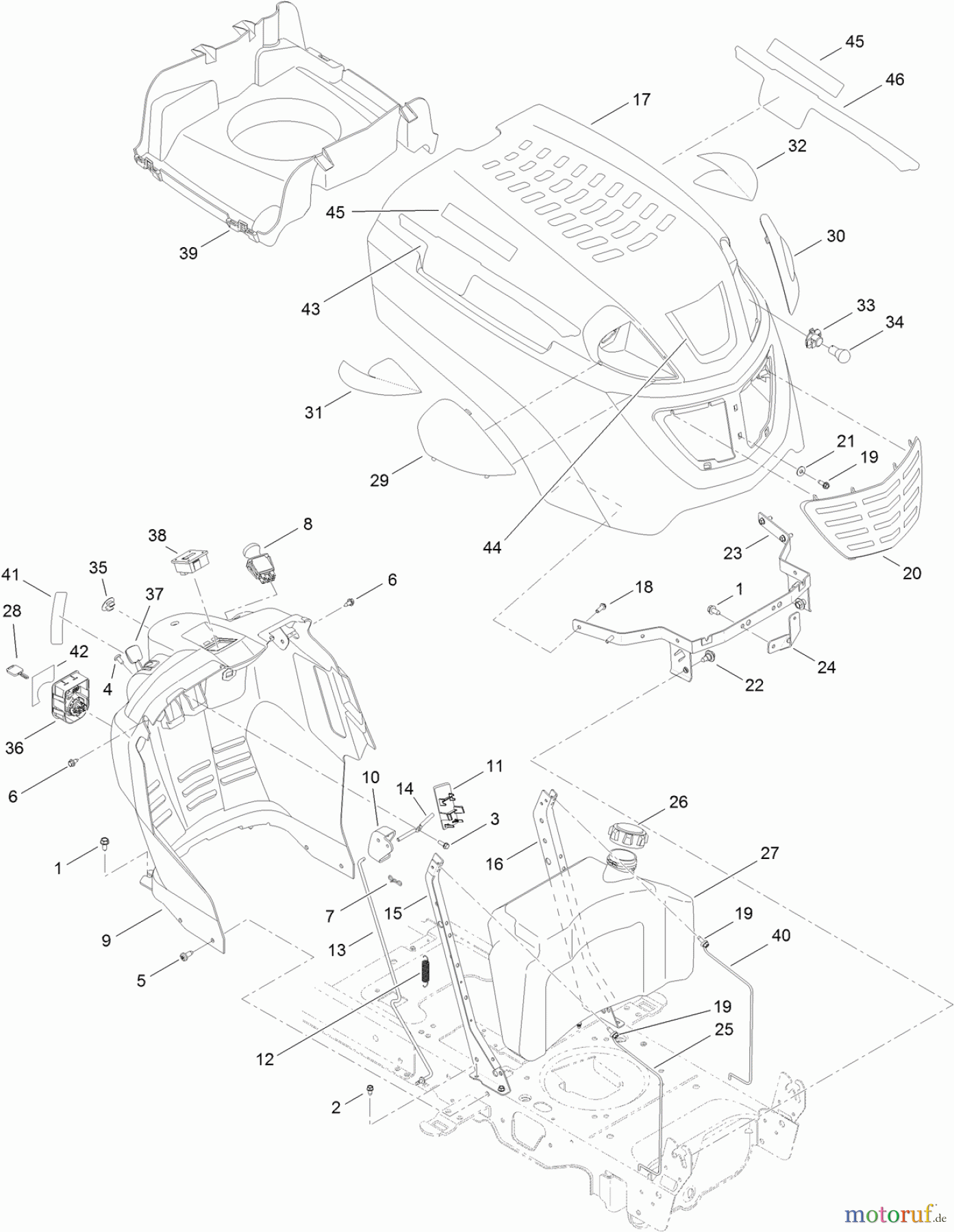 Toro Neu Mowers, Lawn & Garden Tractor Seite 1 14AQ94RP848 (GT2200) - Toro GT2200 Garden Tractor, 2011 (1-1) FUEL TANK, HOOD AND DASH ASSEMBLY