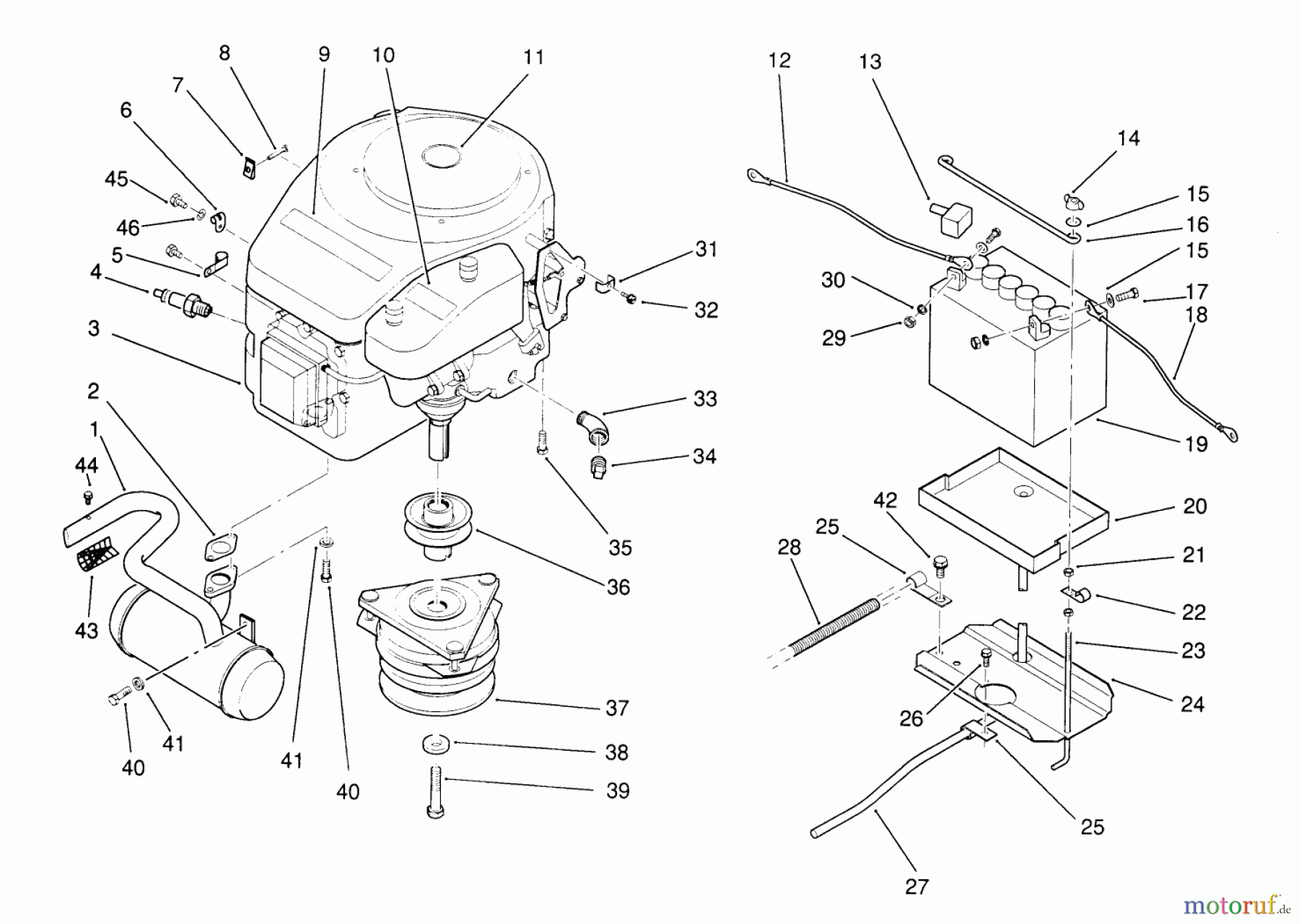 Toro Neu Mowers, Lawn & Garden Tractor Seite 1 22-14OE01 (244-H) - Toro 244-H Yard Tractor, 1991 (1000001-1999999) ENGINE AND BATTERY MOUNT ASSEMBLY