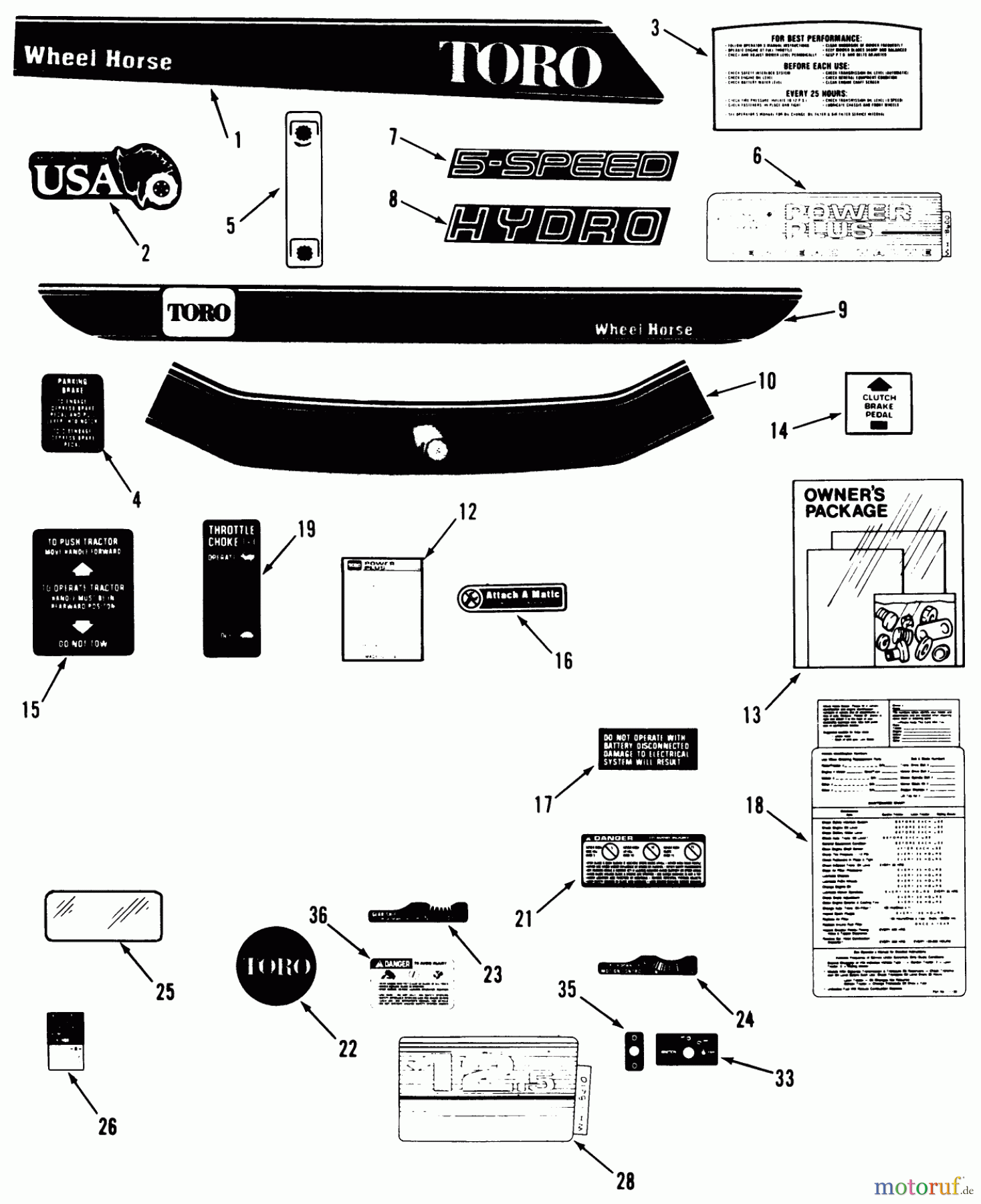 Toro Neu Mowers, Lawn & Garden Tractor Seite 1 32-12OE02 (212-H) - Toro 212-H Tractor, 1991 (1000001-1999999) DECAL & MISCELLANEOUS PARTS ASSEMBLY
