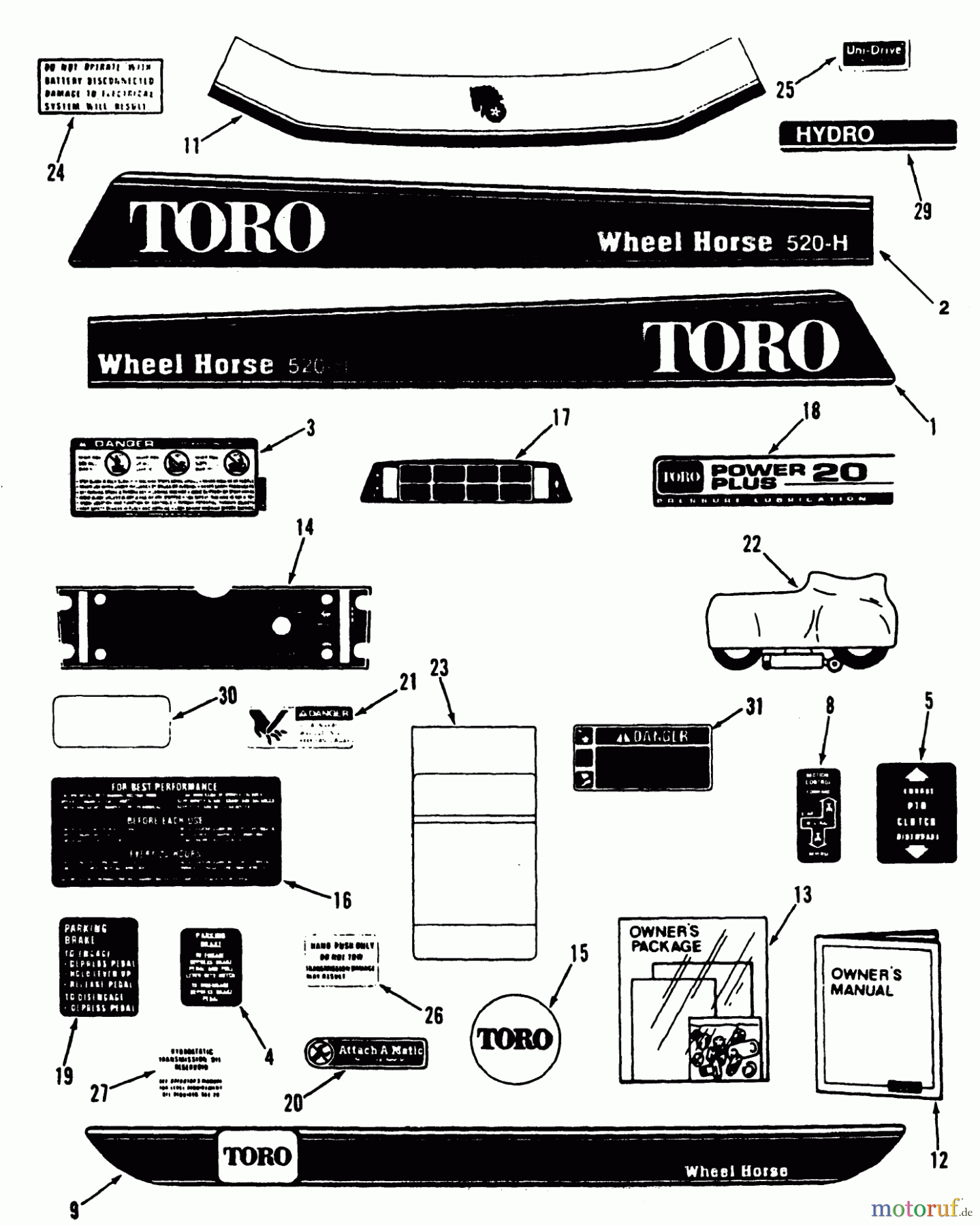 Toro Neu Mowers, Lawn & Garden Tractor Seite 1 41-20OE03 (520-H) - Toro 520-H Garden Tractor, 1992 (2000001-2999999) DECALS