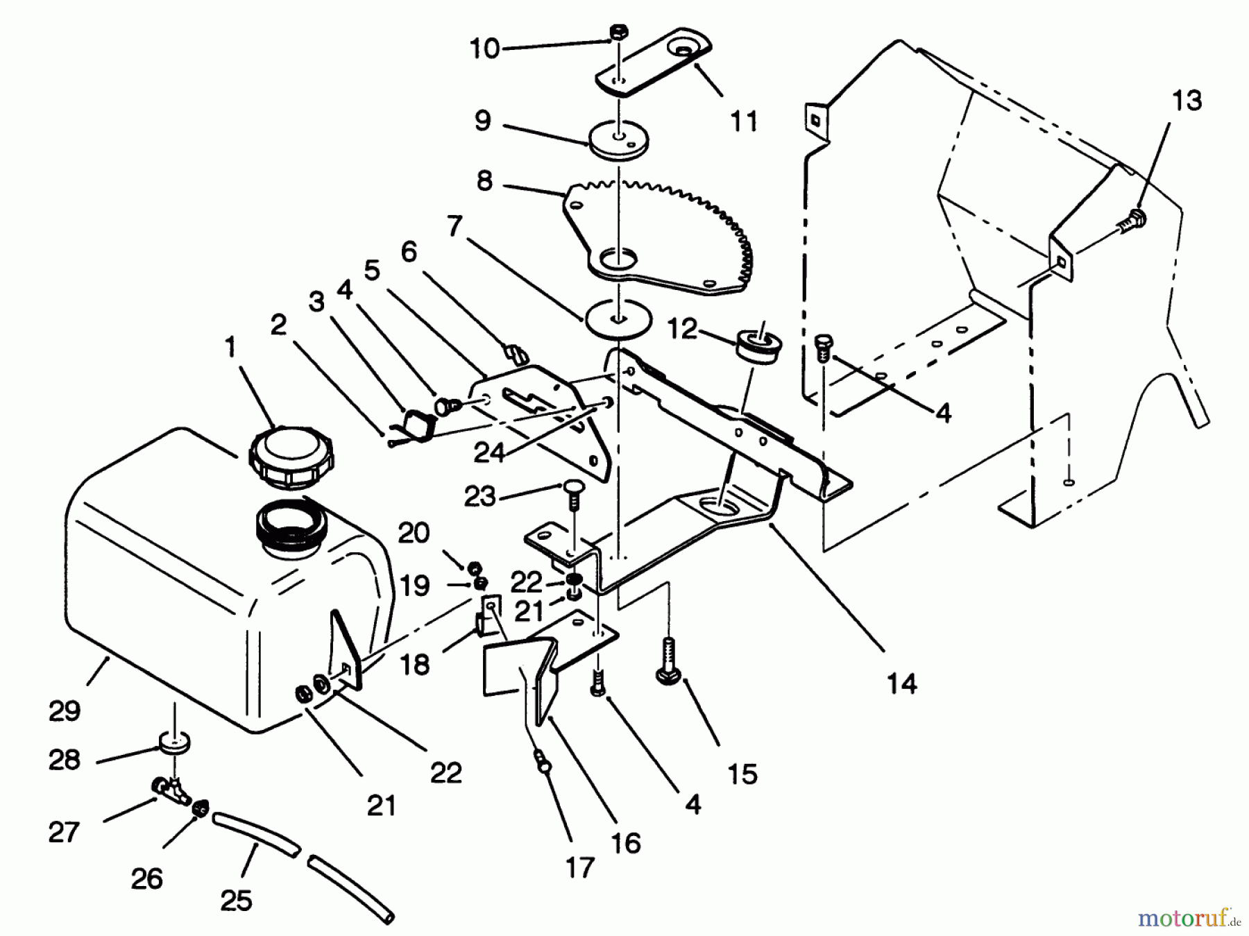 Toro Neu Mowers, Lawn & Garden Tractor Seite 1 42-16BE01 (246-H) - Toro 246-H Yard Tractor, 1992 (2000001-2999999) FUEL TANK AND STEERING BRACKET ASSEMBLY