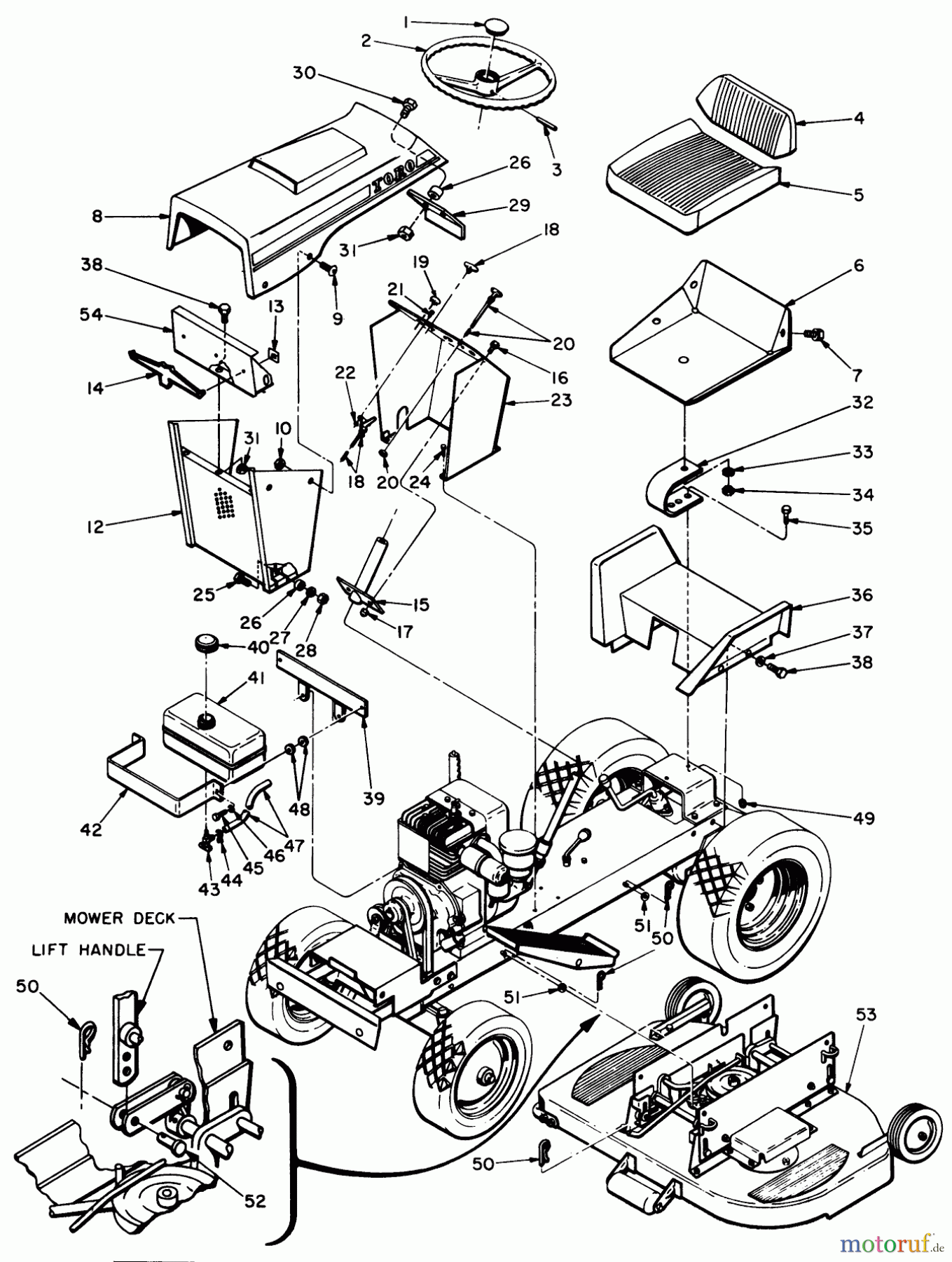  Toro Neu Mowers, Lawn & Garden Tractor Seite 1 55001 - Toro Compact Suburban Lawn Tractor, 1968 (8000001-8999999) HOOD AND FENDER GROUP