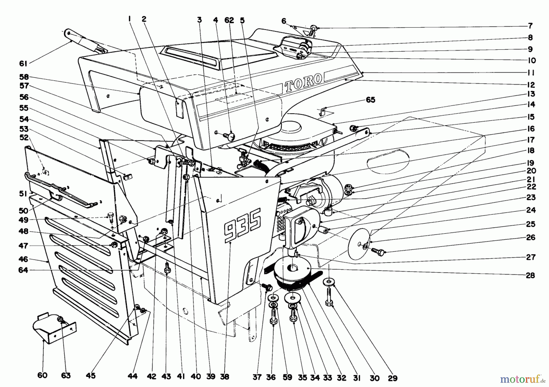  Toro Neu Mowers, Lawn & Garden Tractor Seite 1 55002 (935) - Toro 935 Recoil Lawn Tractor, 1969 (9000001-9999999) 935 AND 935E HOOD AND ENGINE ASSEMBLY
