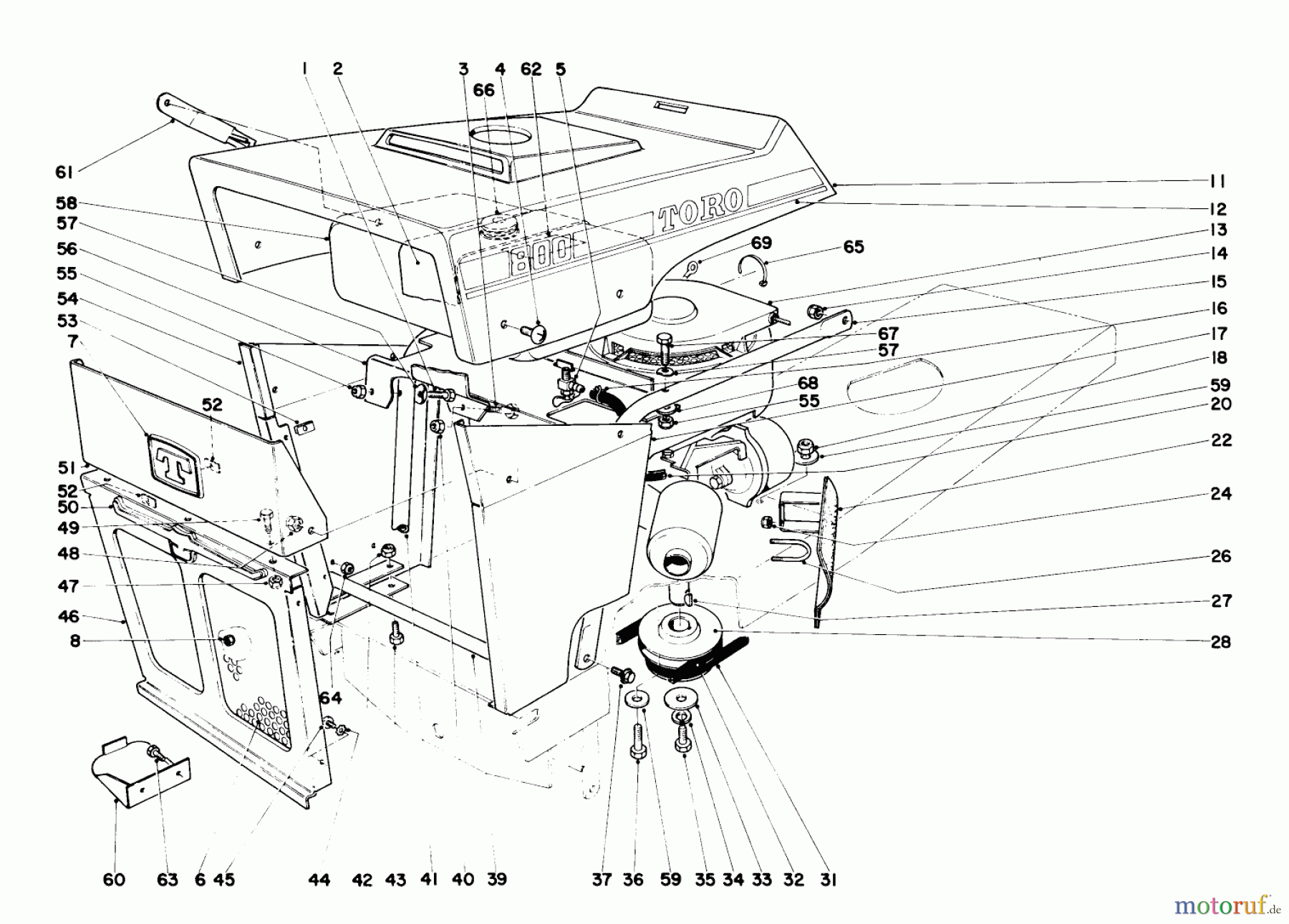 Toro Neu Mowers, Lawn & Garden Tractor Seite 1 55003 (800) - Toro 800 Recoil Lawn Tractor, 1970 (0000001-0999999) HOOD AND ENGINE ASSEMBLY