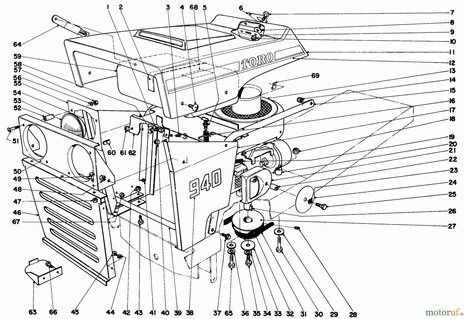Toro Neu Mowers, Lawn & Garden Tractor Seite 1 55150 (940) - Toro 940 Electric Tractor, 1969 (9000001-9999999) 940 HOOD AND ENGINE ASSEMBLY