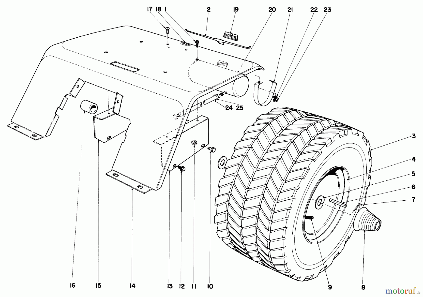 Toro Neu Mowers, Lawn & Garden Tractor Seite 1 55150 (940) - Toro 940 Electric Tractor, 1969 (9000001-9999999) 940 REAR TIRE AND FENDER ASSEMBLY