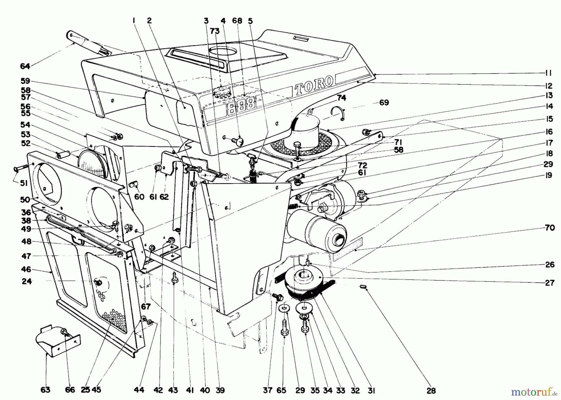 Toro Neu Mowers, Lawn & Garden Tractor Seite 1 55152 (888) - Toro 888 Toromatic Tractor, 1970 (0000001-0999999) HOOD AND ENGINE ASSEMBLY
