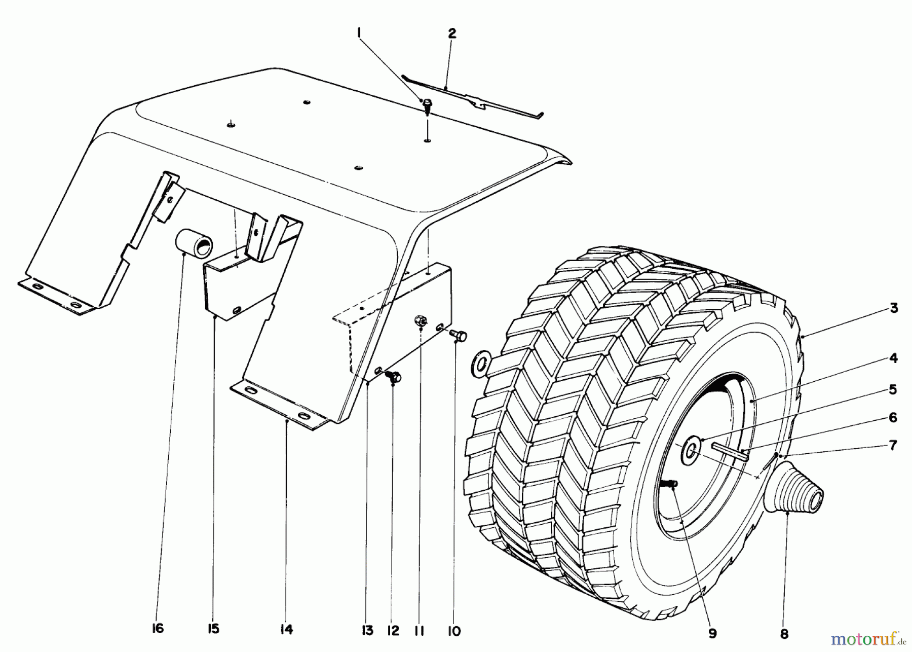 Toro Neu Mowers, Lawn & Garden Tractor Seite 1 55152 (888) - Toro 888 Toromatic Tractor, 1970 (0000001-0999999) REAR TIRE AND FENDER ASSEMBLY
