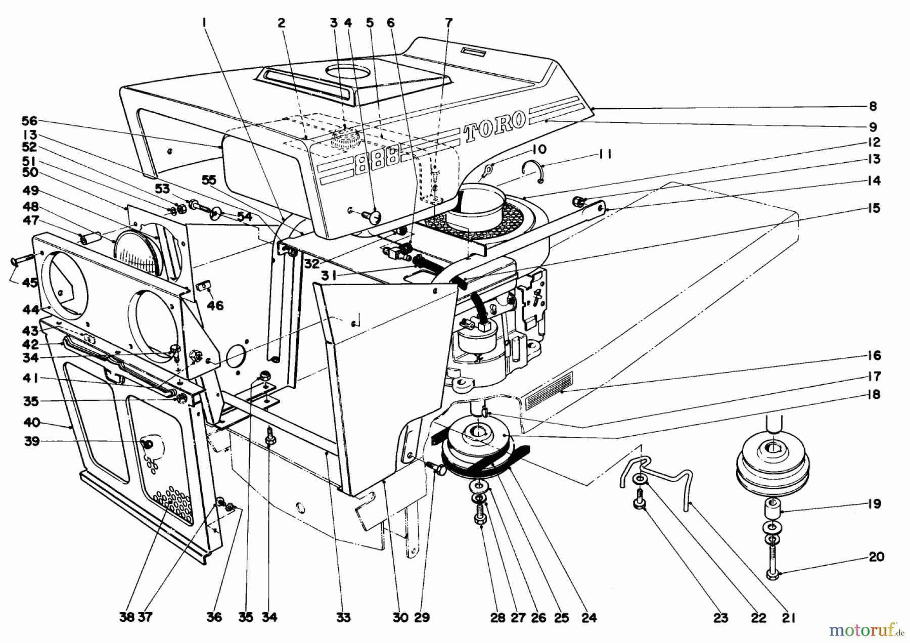 Toro Neu Mowers, Lawn & Garden Tractor Seite 1 55256 (888) - Toro 888 Toromatic Tractor, 1971 (1000001-1999999) HOOD AND ENGINE ASSEMBLY