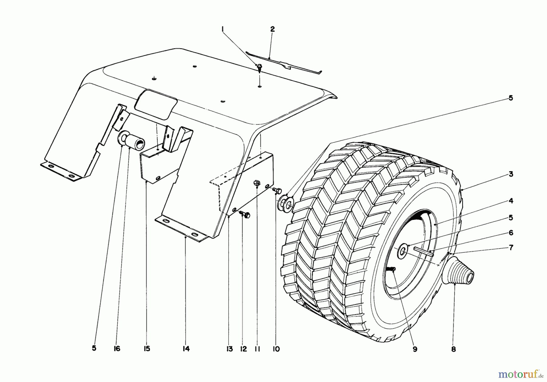 Toro Neu Mowers, Lawn & Garden Tractor Seite 1 55275 (888) - Toro 888 Toromatic Tractor, 1972 (2000001-2999999) REAR TIRE AND FENDER ASSEMBLY