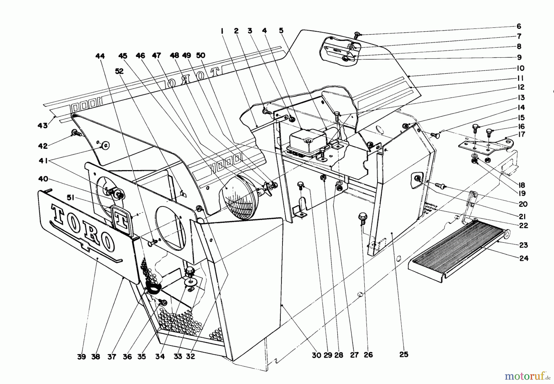 Toro Neu Mowers, Lawn & Garden Tractor Seite 1 55302 (950) - Toro 950 Suburban Lawn Tractor, 1970 (0000001-0999999) HOOD & GRILLE ASSEMBLY