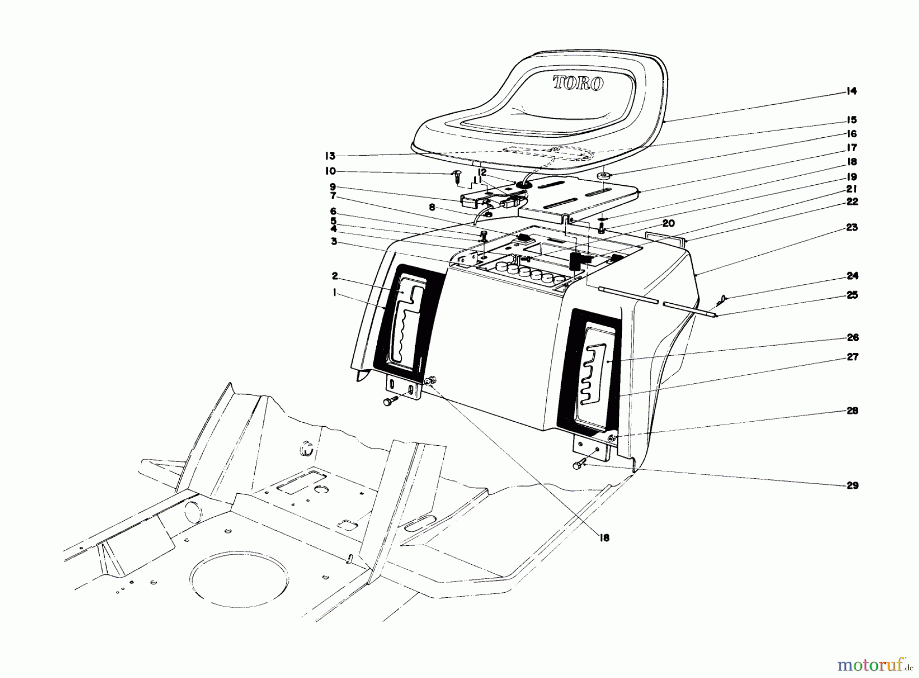 Toro Neu Mowers, Lawn & Garden Tractor Seite 1 57360 (11-32) - Toro 11-32 Lawn Tractor, 1978 (8000001-8999999) REAR BODY & SEAT ASSEMBLY