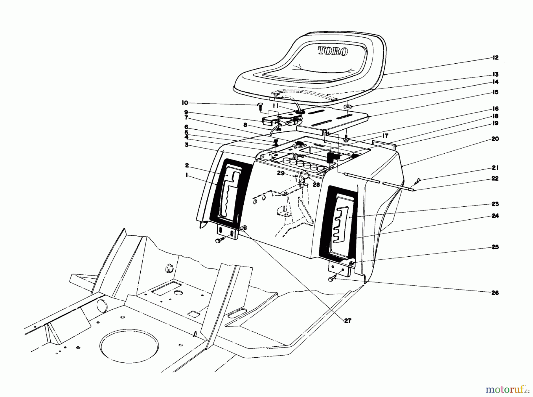 Toro Neu Mowers, Lawn & Garden Tractor Seite 1 57360 (11-32) - Toro 11-32 Lawn Tractor, 1979 (9000001-9999999) REAR BODY & SEAT ASSEMBLY