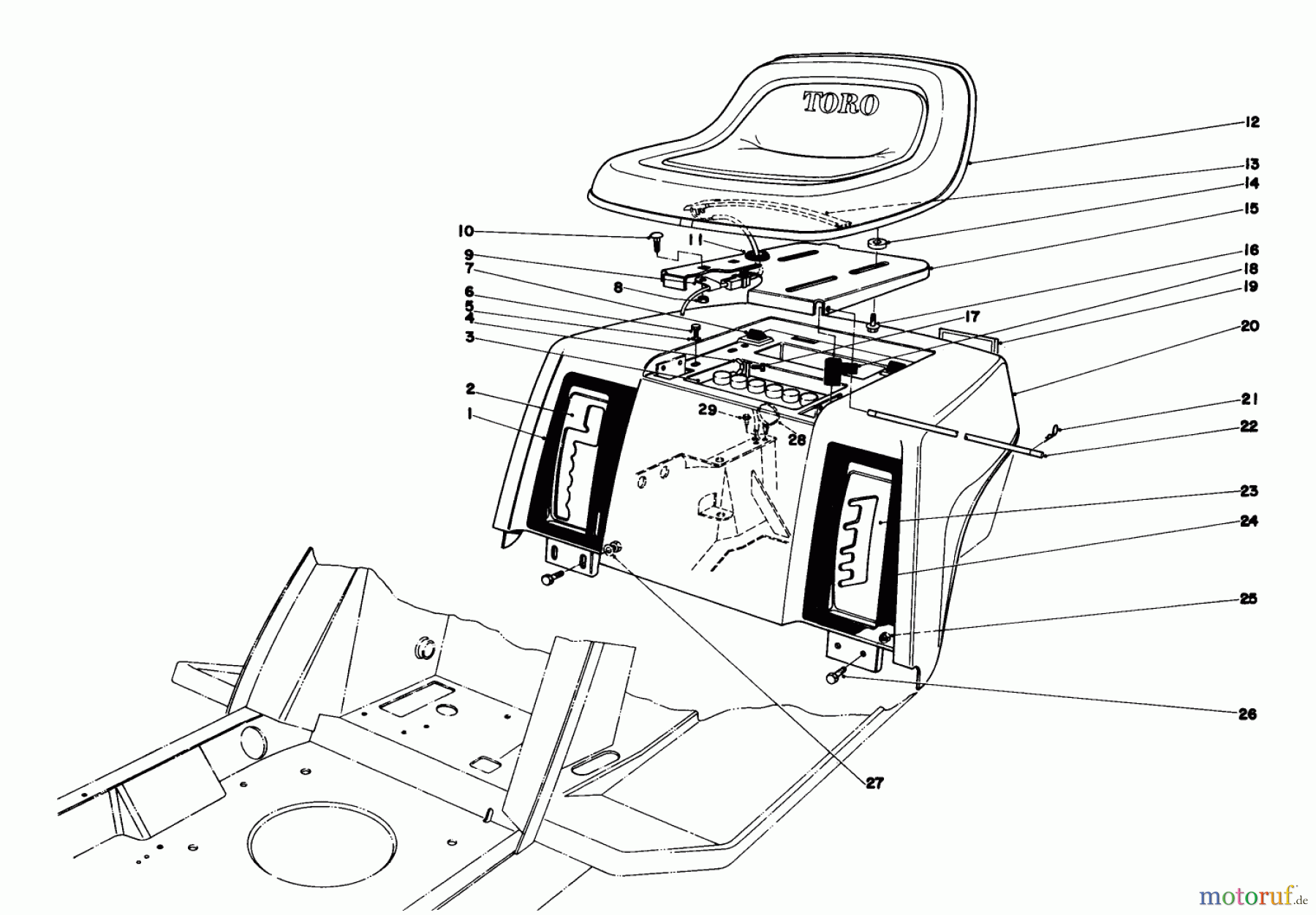 Toro Neu Mowers, Lawn & Garden Tractor Seite 1 57360 (11-32) - Toro 11-32 Lawn Tractor, 1980 (0000001-0999999) REAR BODY & SEAT ASSEMBLY