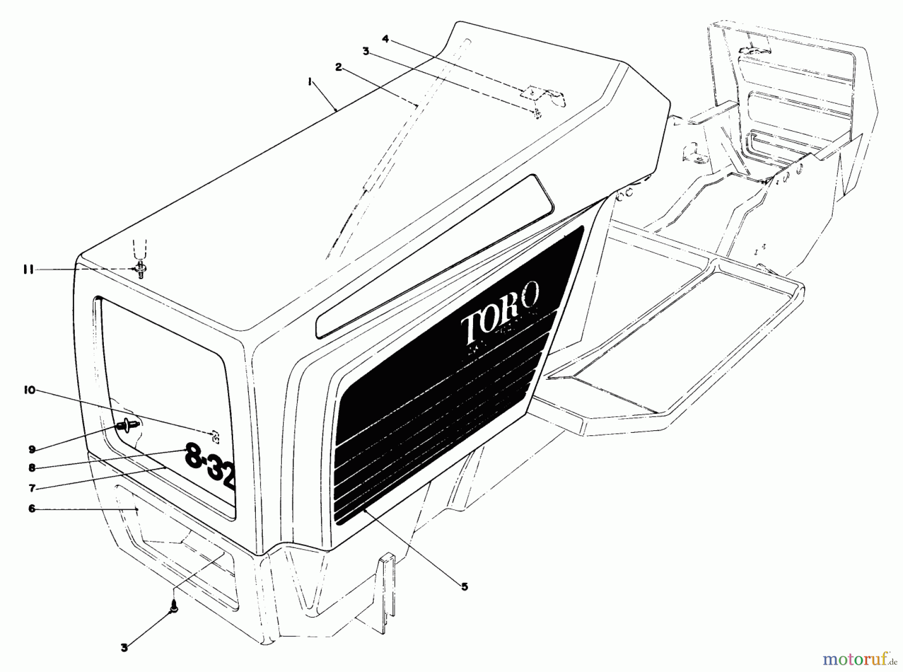 Toro Neu Mowers, Lawn & Garden Tractor Seite 1 57300 (8-32) - Toro 8-32 Front Engine Rider, 1983 (3000001-3999999) HOOD ASSEMBLY MODEL 57300