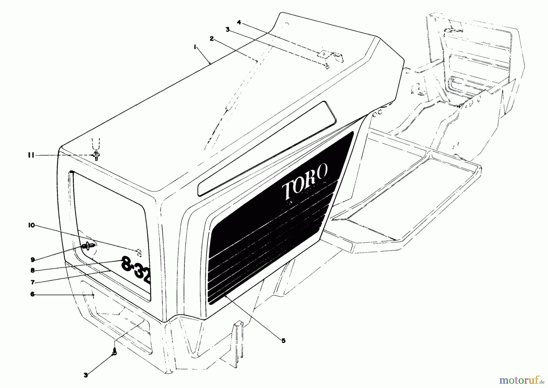 Toro Neu Mowers, Lawn & Garden Tractor Seite 1 57360 (11-32) - Toro 11-32 Lawn Tractor, 1985 (5000001-5999999) HOOD ASSEMBLY MODEL 57300