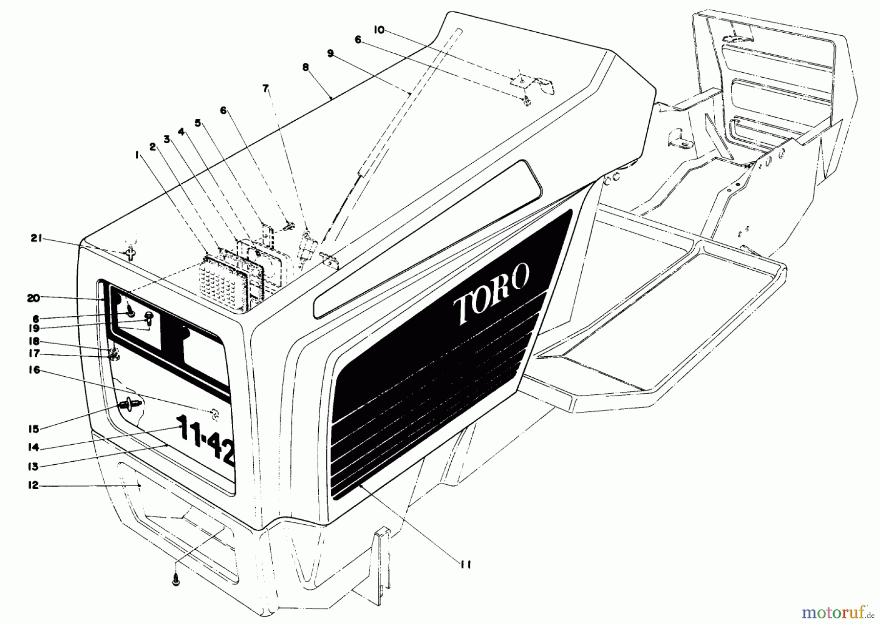 Toro Neu Mowers, Lawn & Garden Tractor Seite 1 57356 (11-42) - Toro 11-42 Lawn Tractor, 1980 (0000001-0999999) HOOD ASSEMBLY