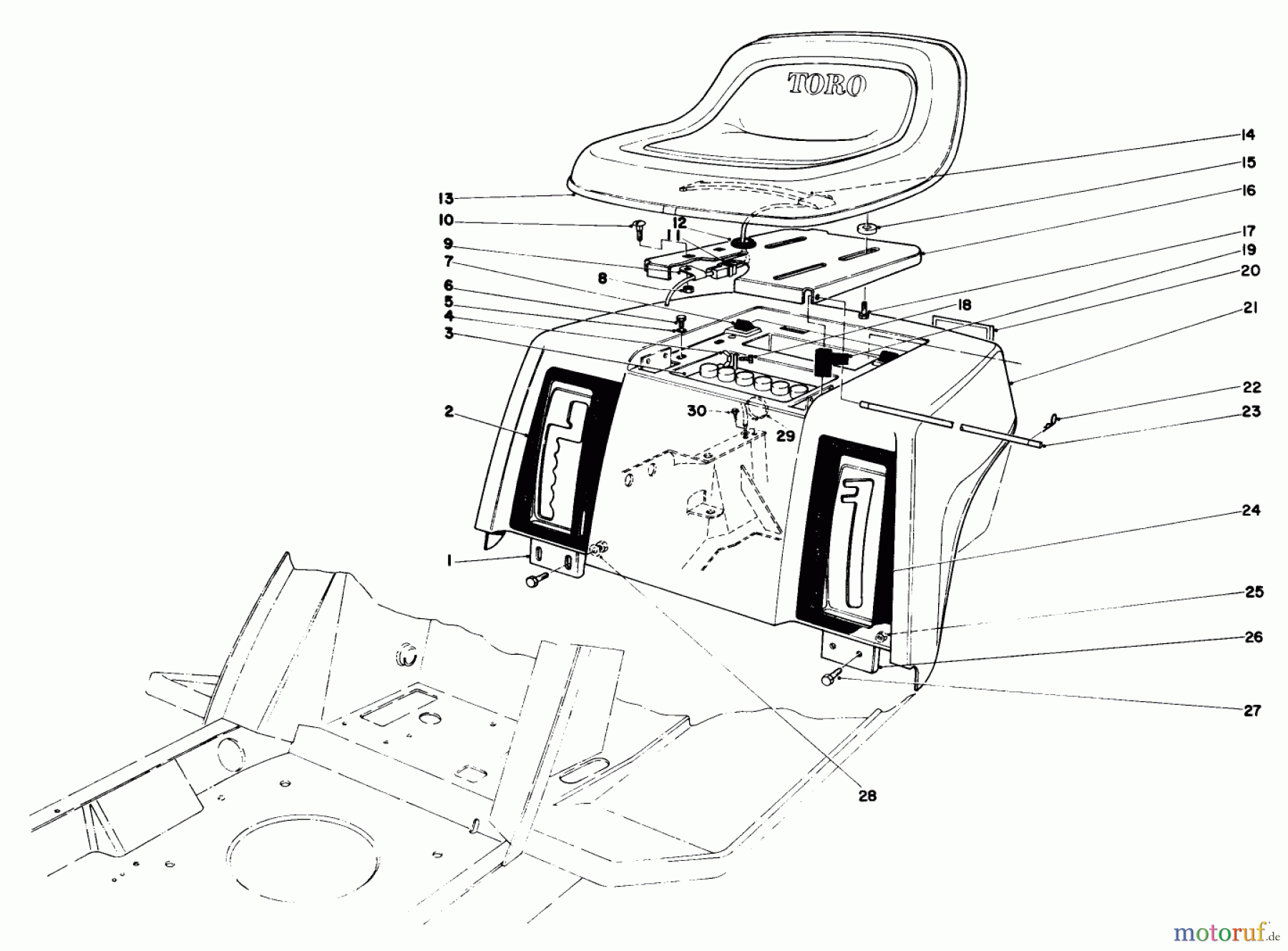 Toro Neu Mowers, Lawn & Garden Tractor Seite 1 57356 (11-42) - Toro 11-42 Lawn Tractor, 1983 (3000001-3999999) REAR BODY & SEAT ASSEMBLY