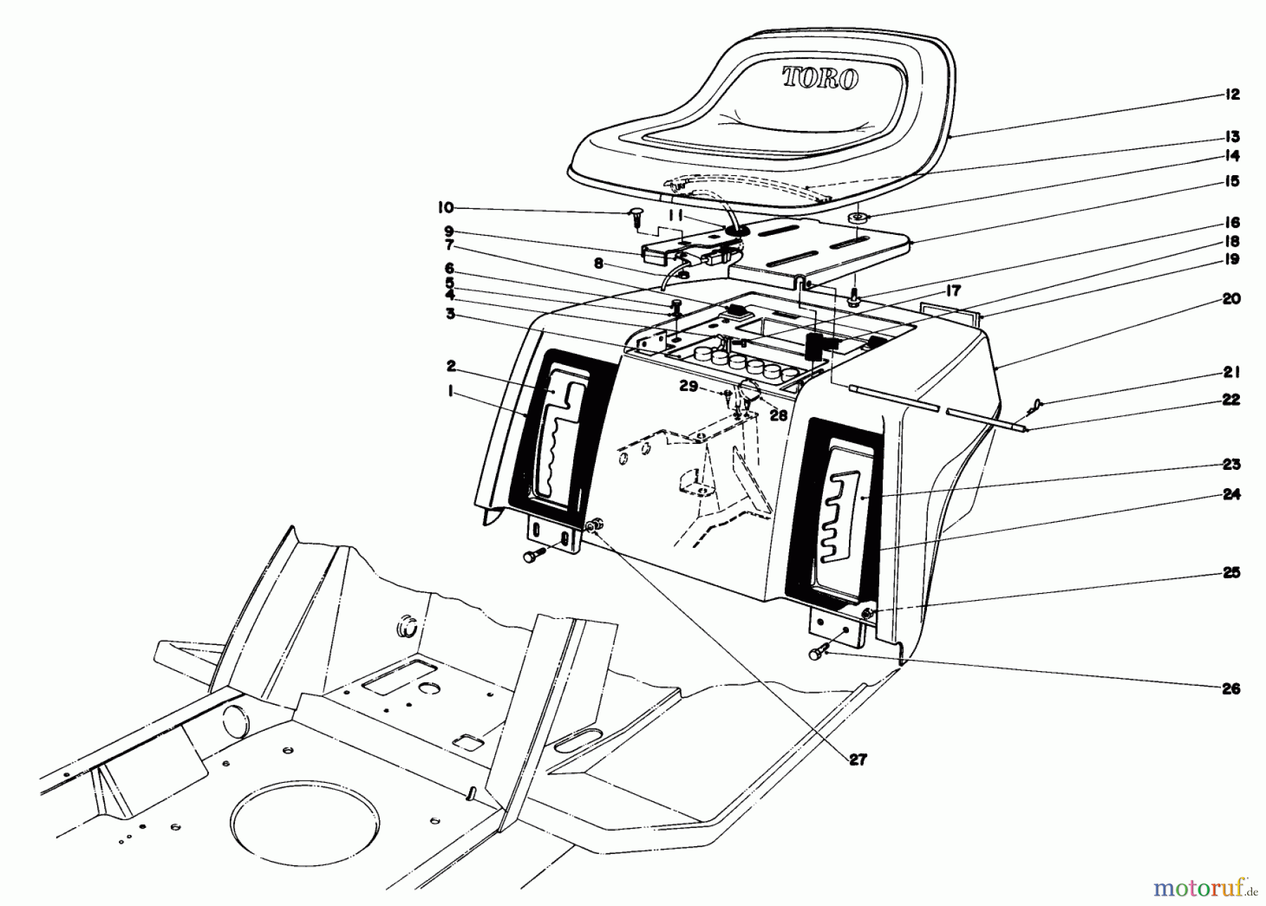  Toro Neu Mowers, Lawn & Garden Tractor Seite 1 57385 - Toro 11 hp Front Engine Rider, 1980 (0000001-0999999) REAR BODY & SEAT ASSEMBLY