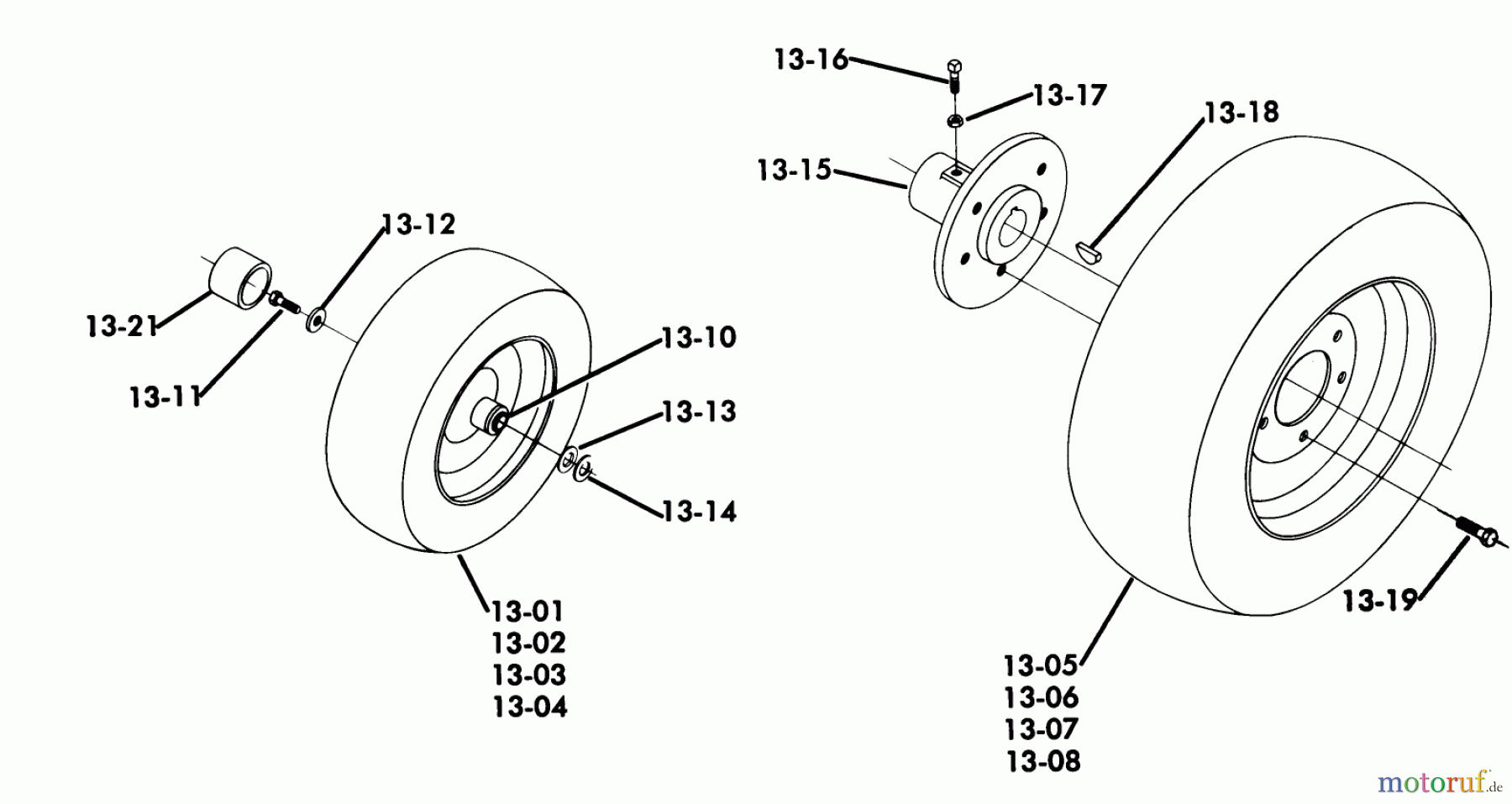 Toro Neu Mowers, Lawn & Garden Tractor Seite 1 61-10K803 (B-100) - Toro B-100 8-Speed Tractor, 1976 13.000 WHEELS AND TIRES (FIG. 13)