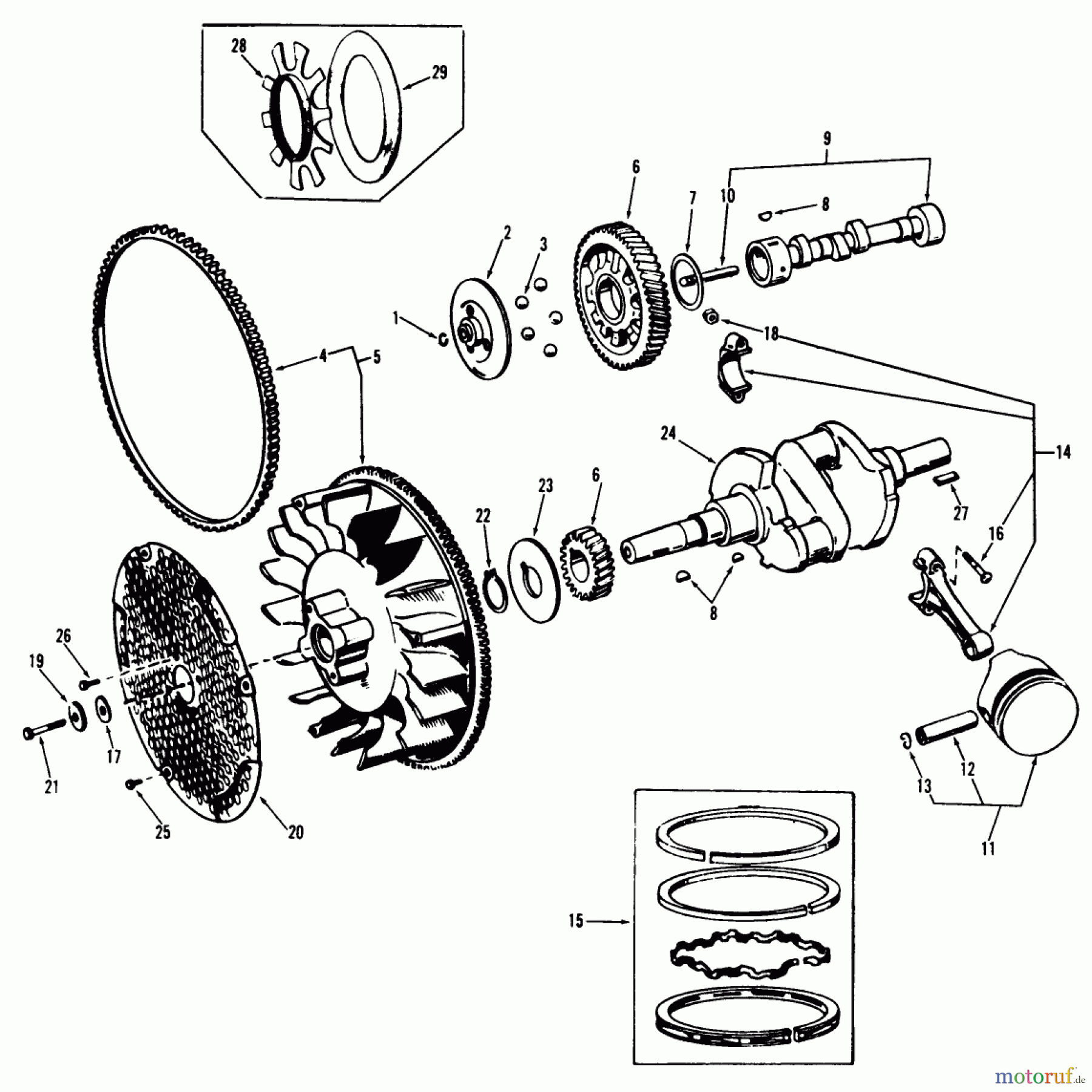 Toro Neu Mowers, Lawn & Garden Tractor Seite 1 71-16OS01 (D-160) - Toro D-160 Automatic Tractor, 1977 D-160 ONAN ENGINE, CRANKSHAFT, CAMSHAFT, PISTONS AND FLYWHEEL GROUP