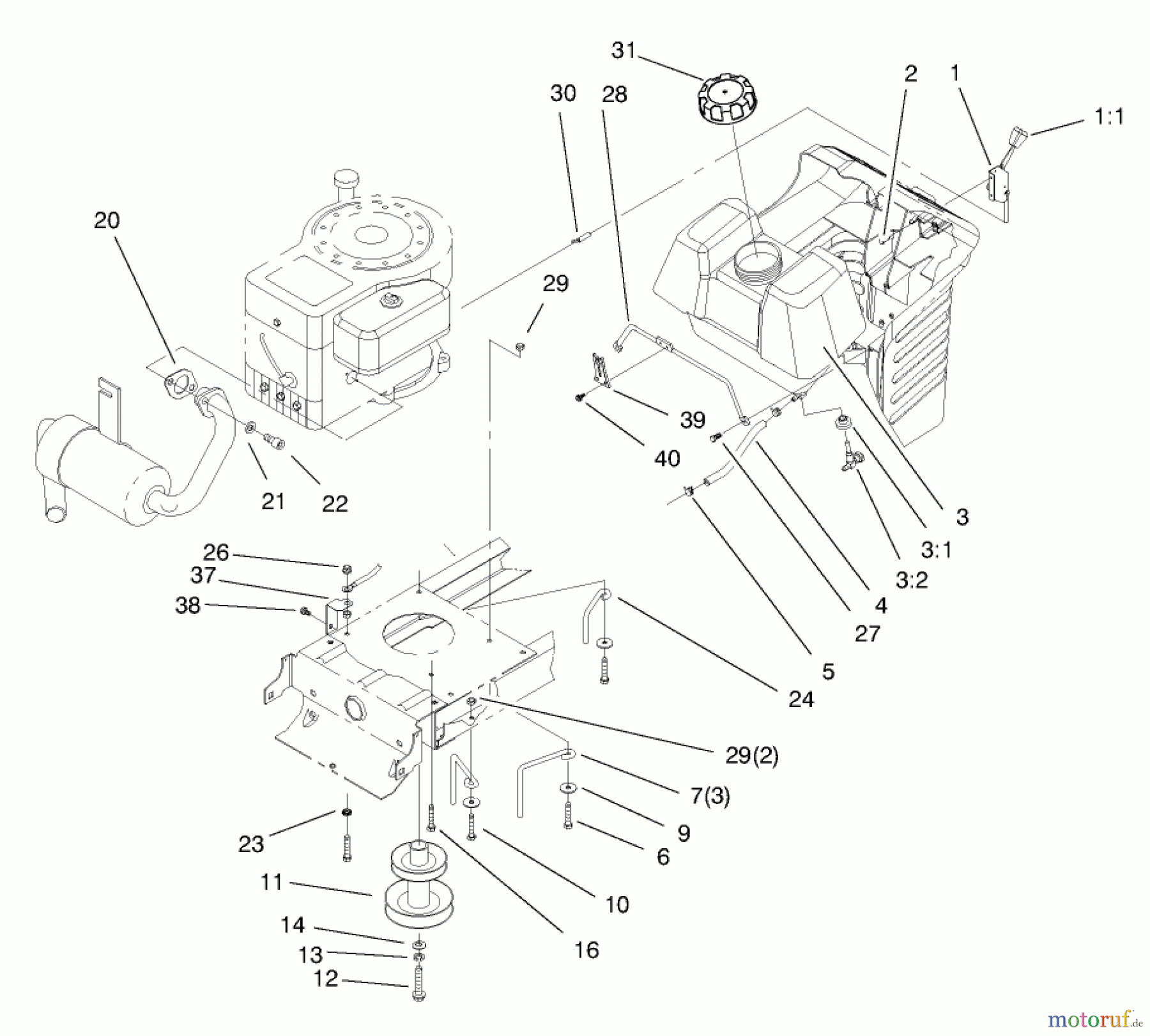 Toro Neu Mowers, Lawn & Garden Tractor Seite 1 71185 (13-38XL) - Toro 13-38XL Lawn Tractor, 1997 (7900001-7999999) GAS TANK & ENGINE PULLEY ASSEMBLY