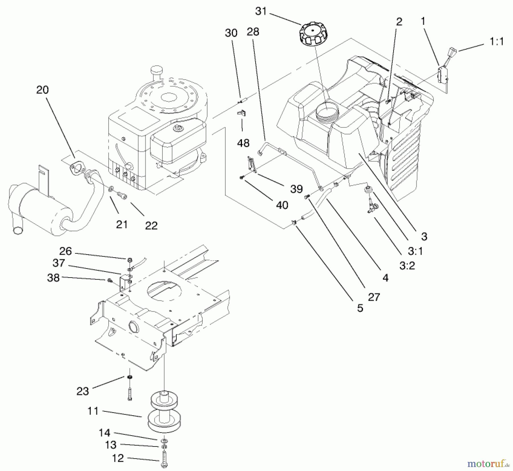 Toro Neu Mowers, Lawn & Garden Tractor Seite 1 71188 (12-32XL) - Toro 12-32XL Lawn Tractor, 1998 (8900001-8999999) GAS TANK & ENGINE PULLEY ASSEMBLY