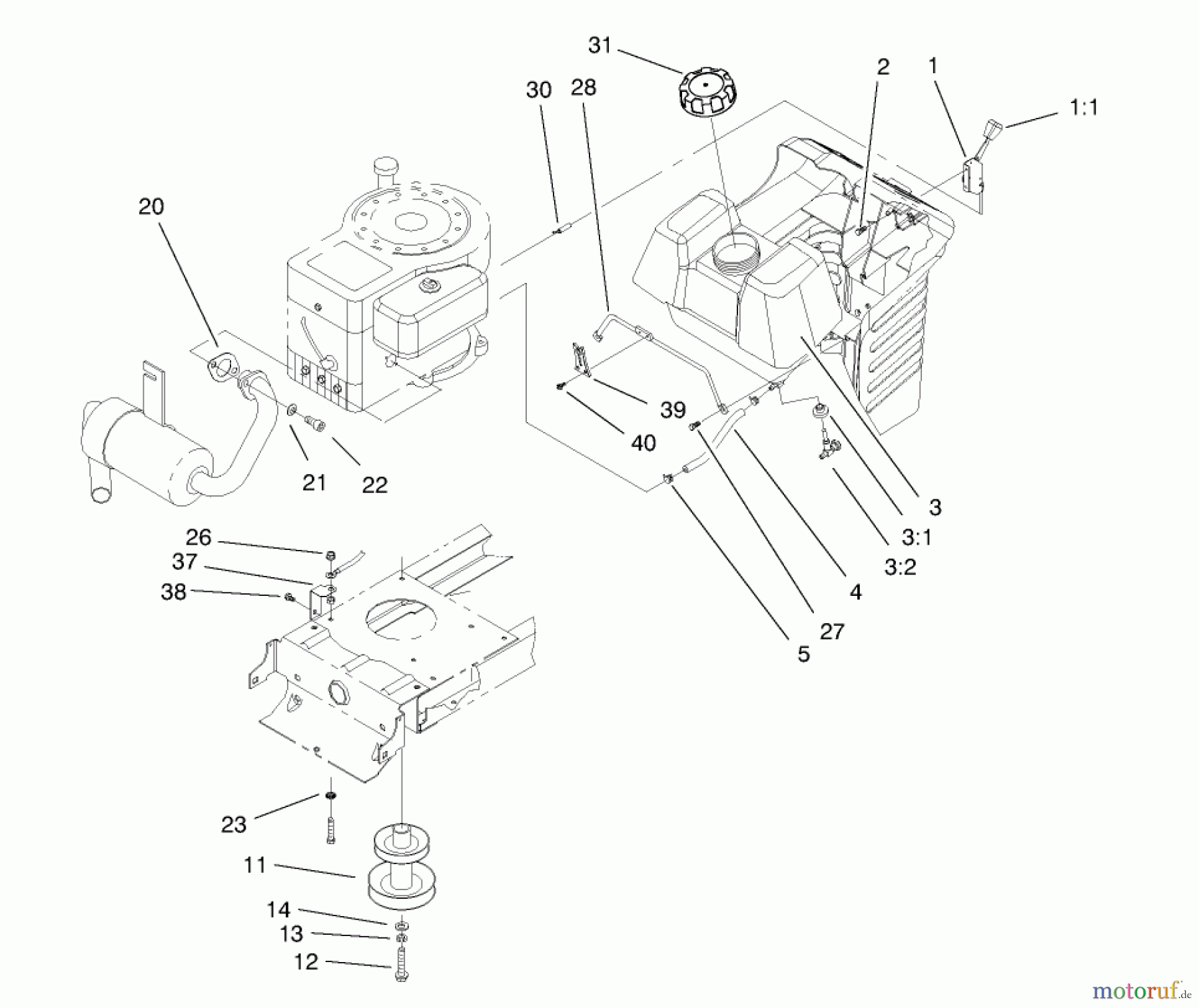 Toro Neu Mowers, Lawn & Garden Tractor Seite 1 71189 (12-32XL) - Toro 12-32XL Lawn Tractor, 1997 (7900001-7999999) GAS TANK & ENGINE PULLEY ASSEMBLY
