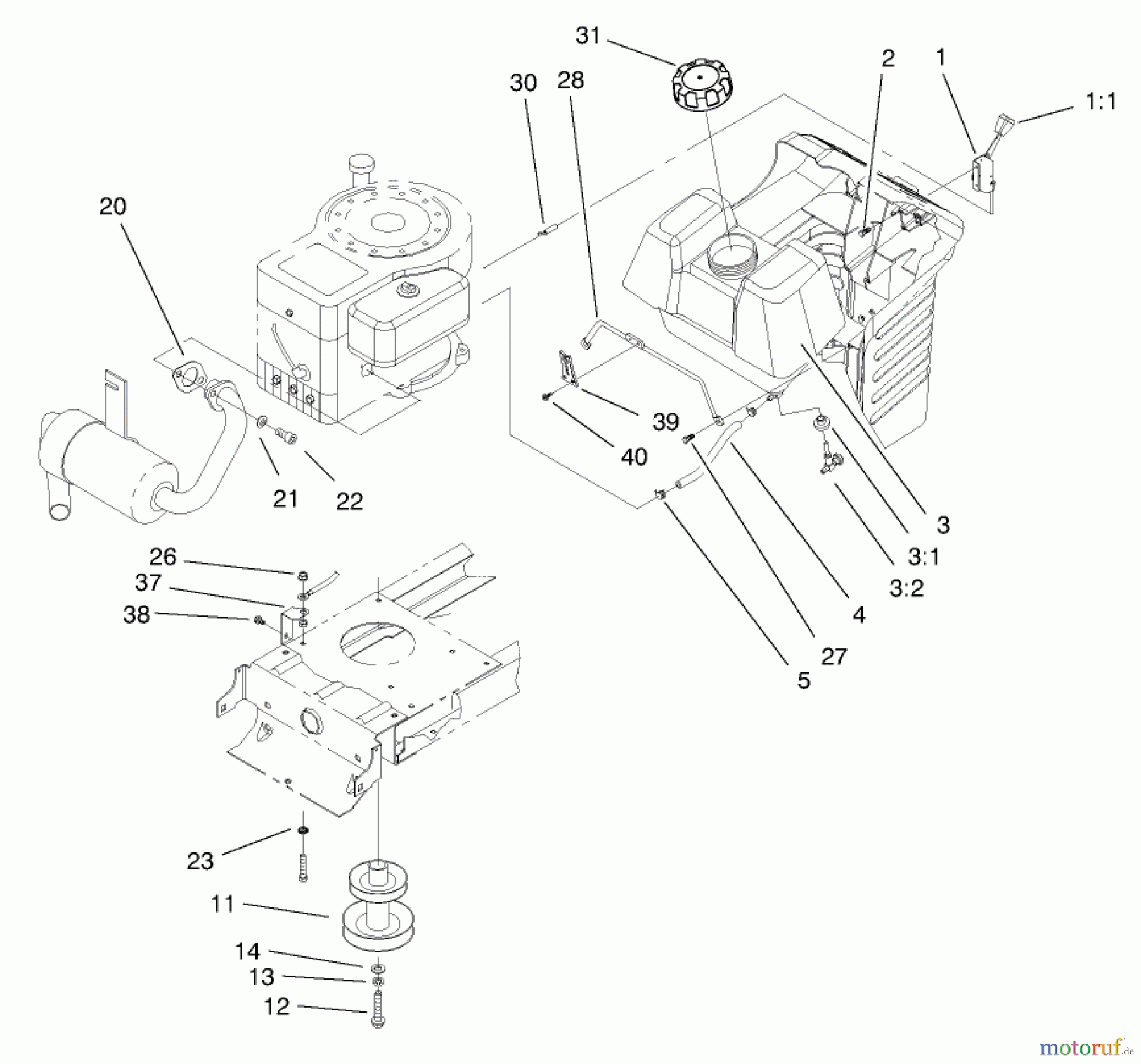 Toro Neu Mowers, Lawn & Garden Tractor Seite 1 71189 (12-32XL) - Toro 12-32XL Lawn Tractor, 1998 (8900001-8999999) GAS TANK & ENGINE PULLEY ASSEMBLY