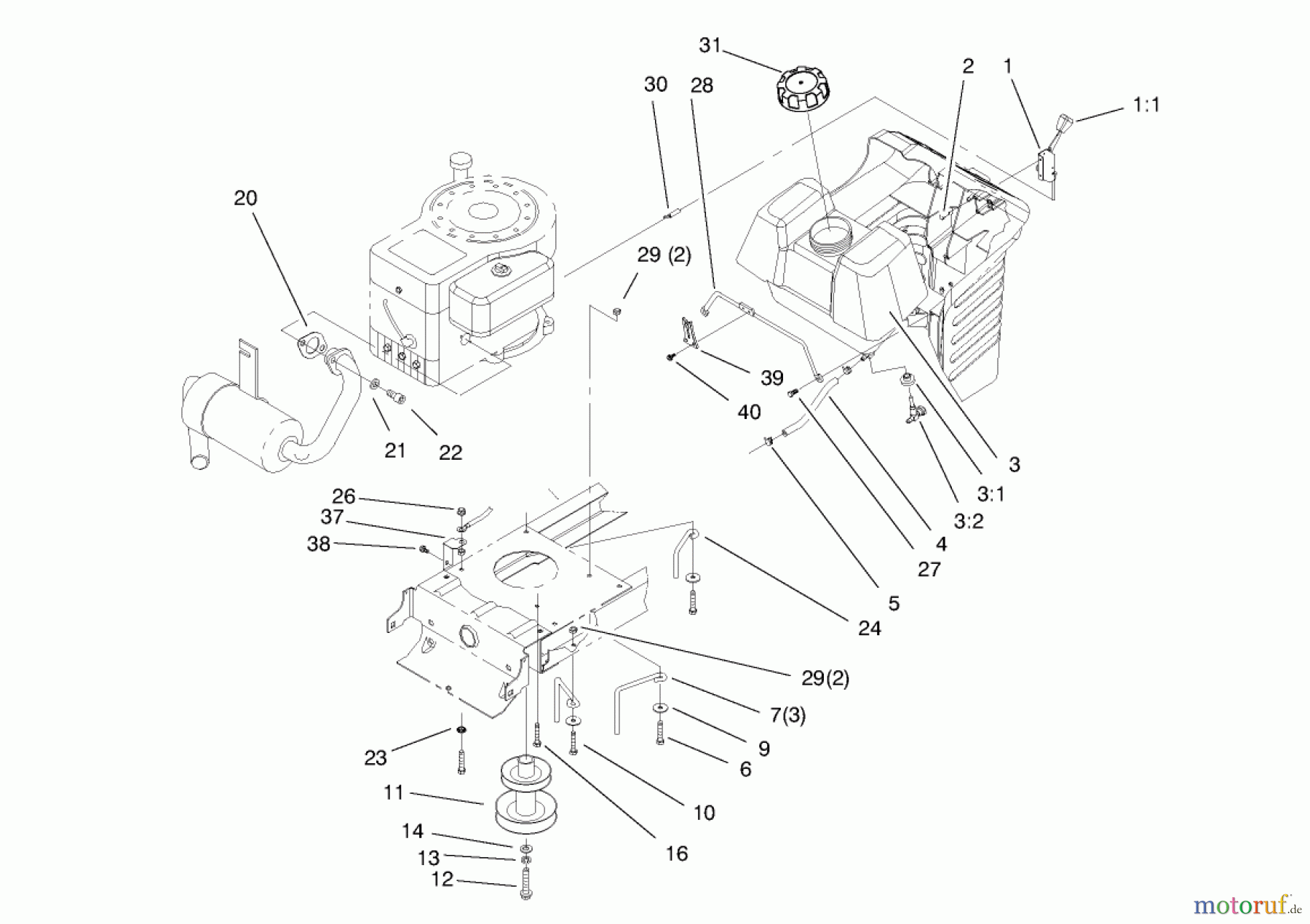  Toro Neu Mowers, Lawn & Garden Tractor Seite 1 71190 (13-38XL) - Toro 13-38XL Lawn Tractor, 1997 (7900001-7999999) GAS TANK & ENGINE PULLEY ASSEMBLY