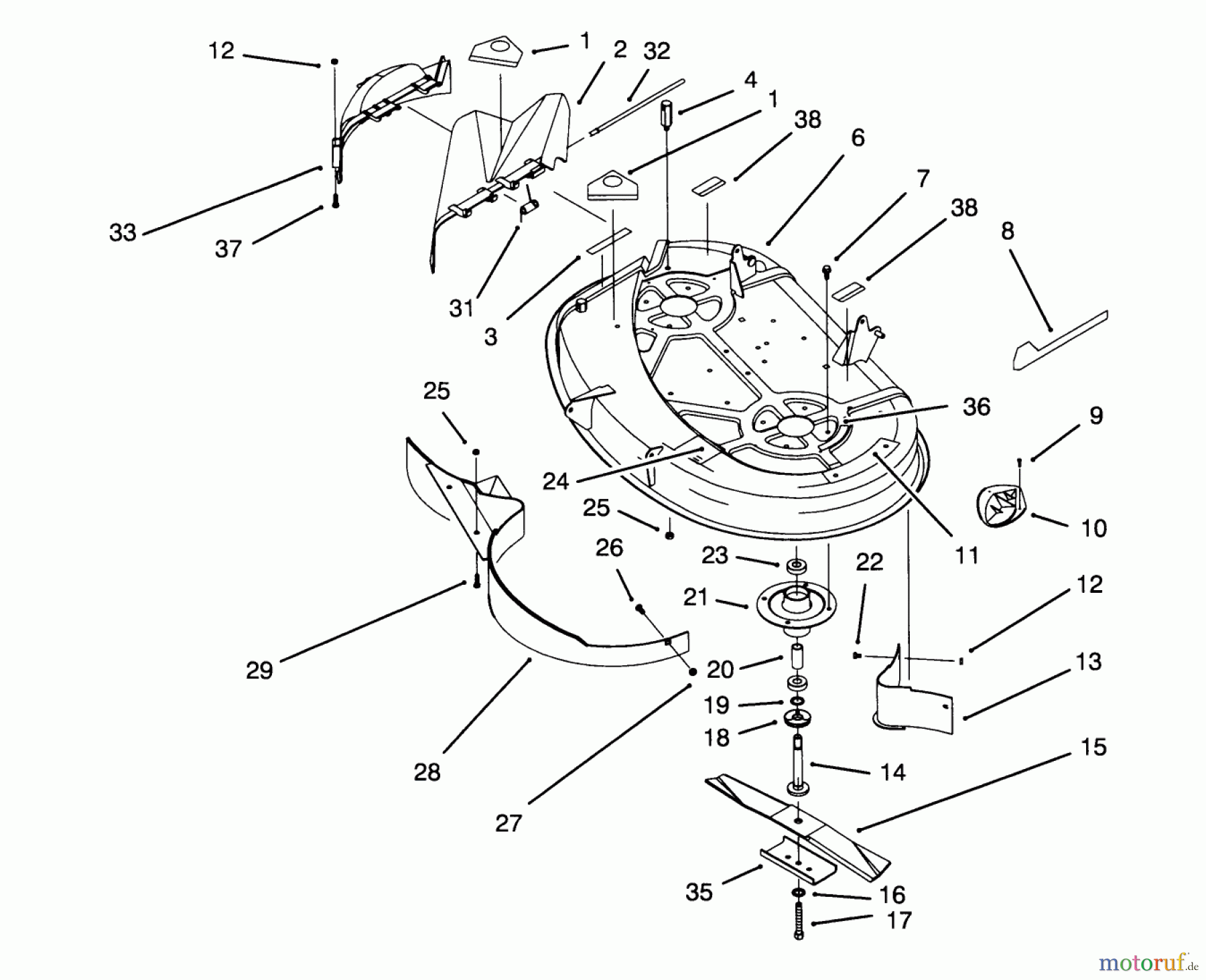 Toro Neu Mowers, Lawn & Garden Tractor Seite 1 71191 (13-38HXL) - Toro 13-38HXL Lawn Tractor, 1995 (5910001-5999999) HOUSING & SPINDLE ASSEMBLY (38