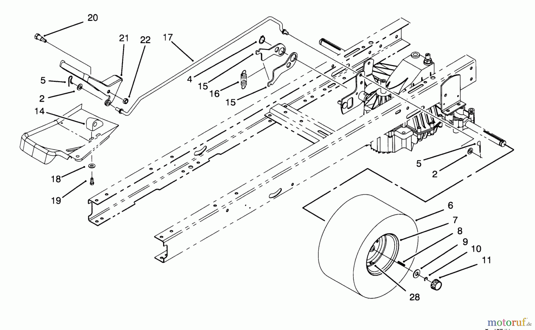Toro Neu Mowers, Lawn & Garden Tractor Seite 1 71191 (13-38HXL) - Toro 13-38HXL Lawn Tractor, 1995 (5910001-5999999) SPEED CONTROL & REAR WHEEL ASSEMBLY